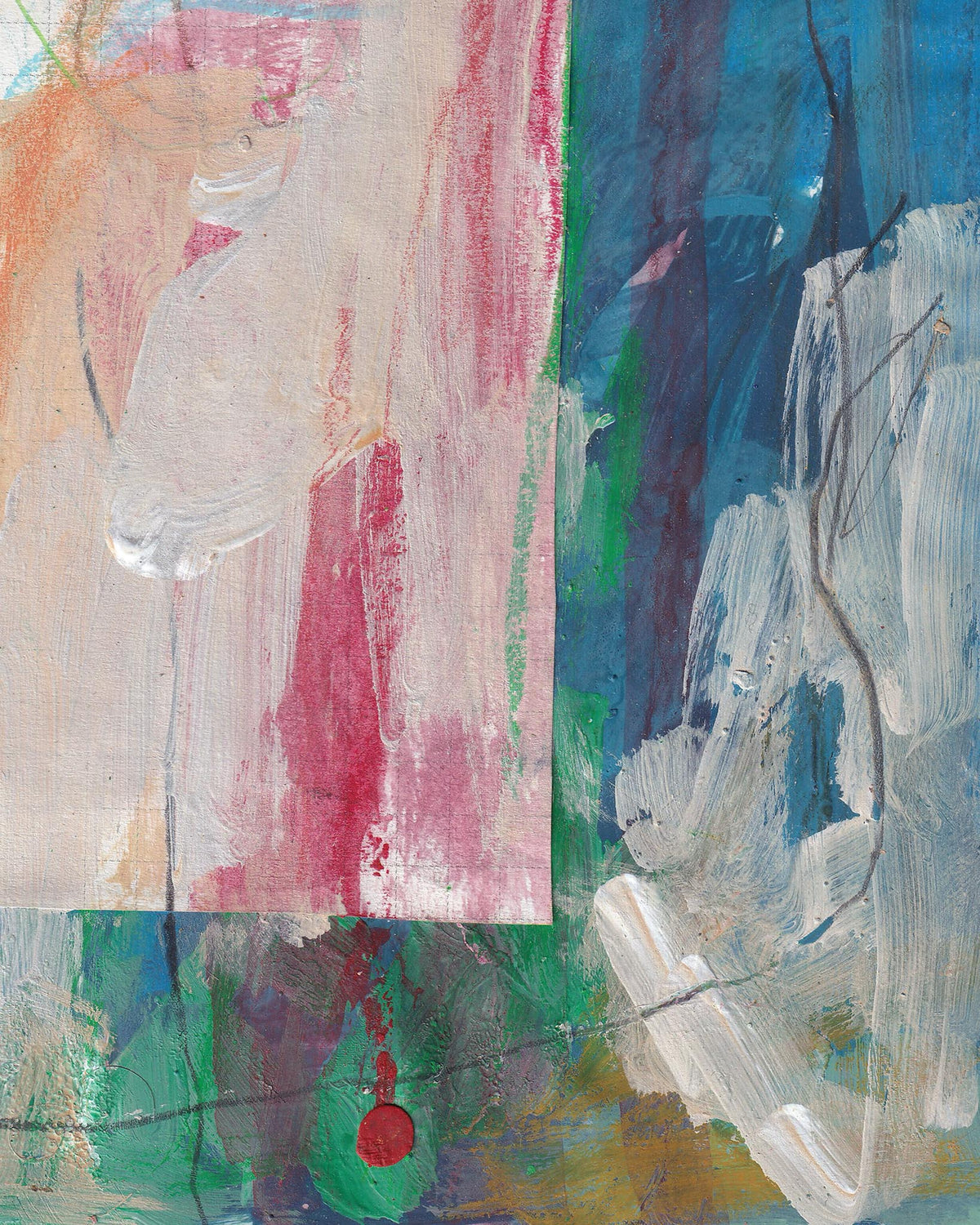 Abstract art with a mix of red, blue, green, and beige colors.