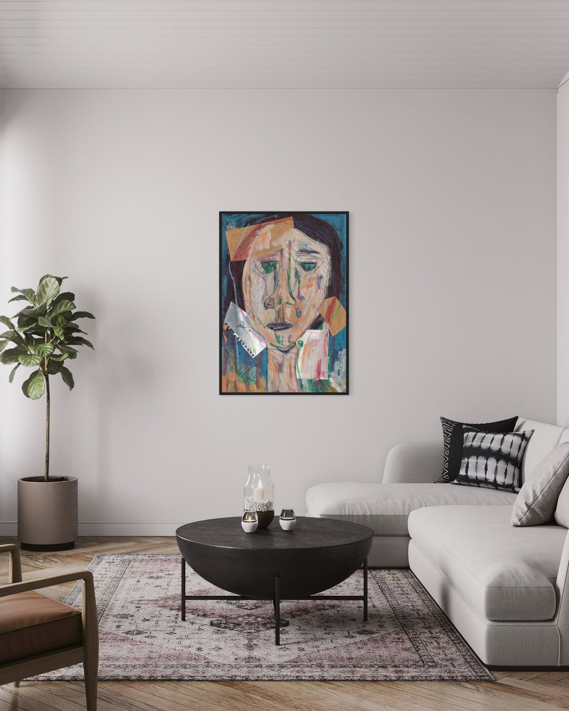 Living room with a modern sofa, coffee table, and abstract painting on the wall.