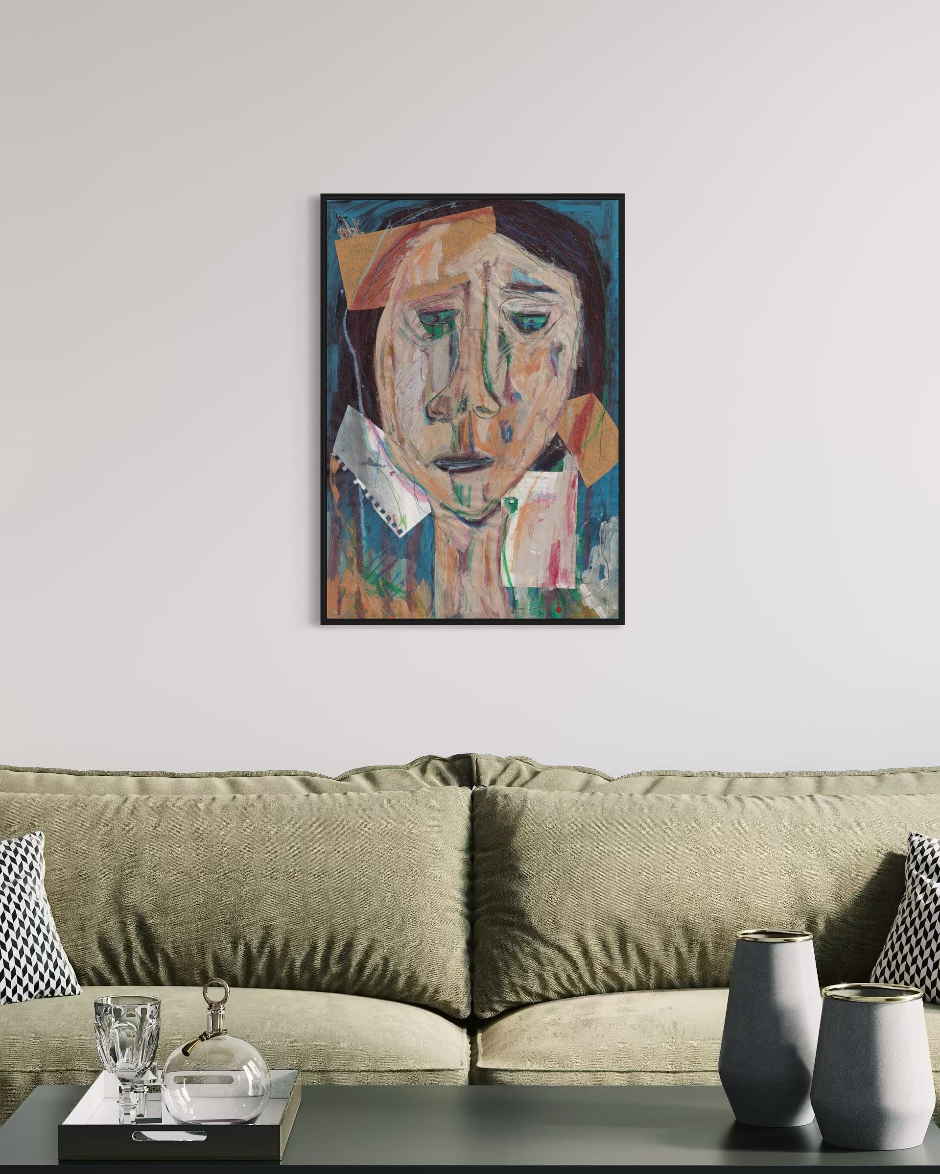 Abstract painting on a wall above a sofa in a living room