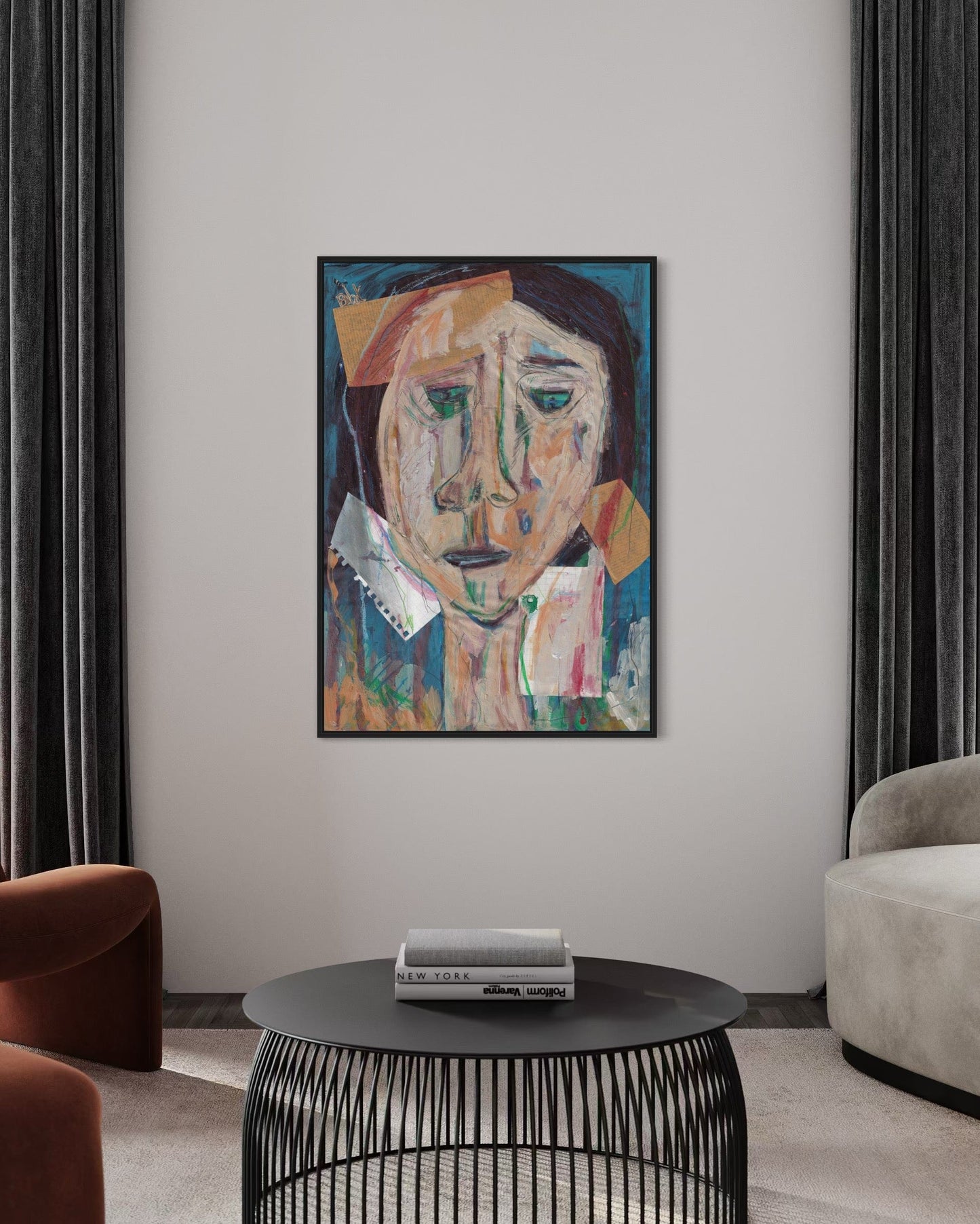 Abstract painting of a face on a wall in a modern living room.