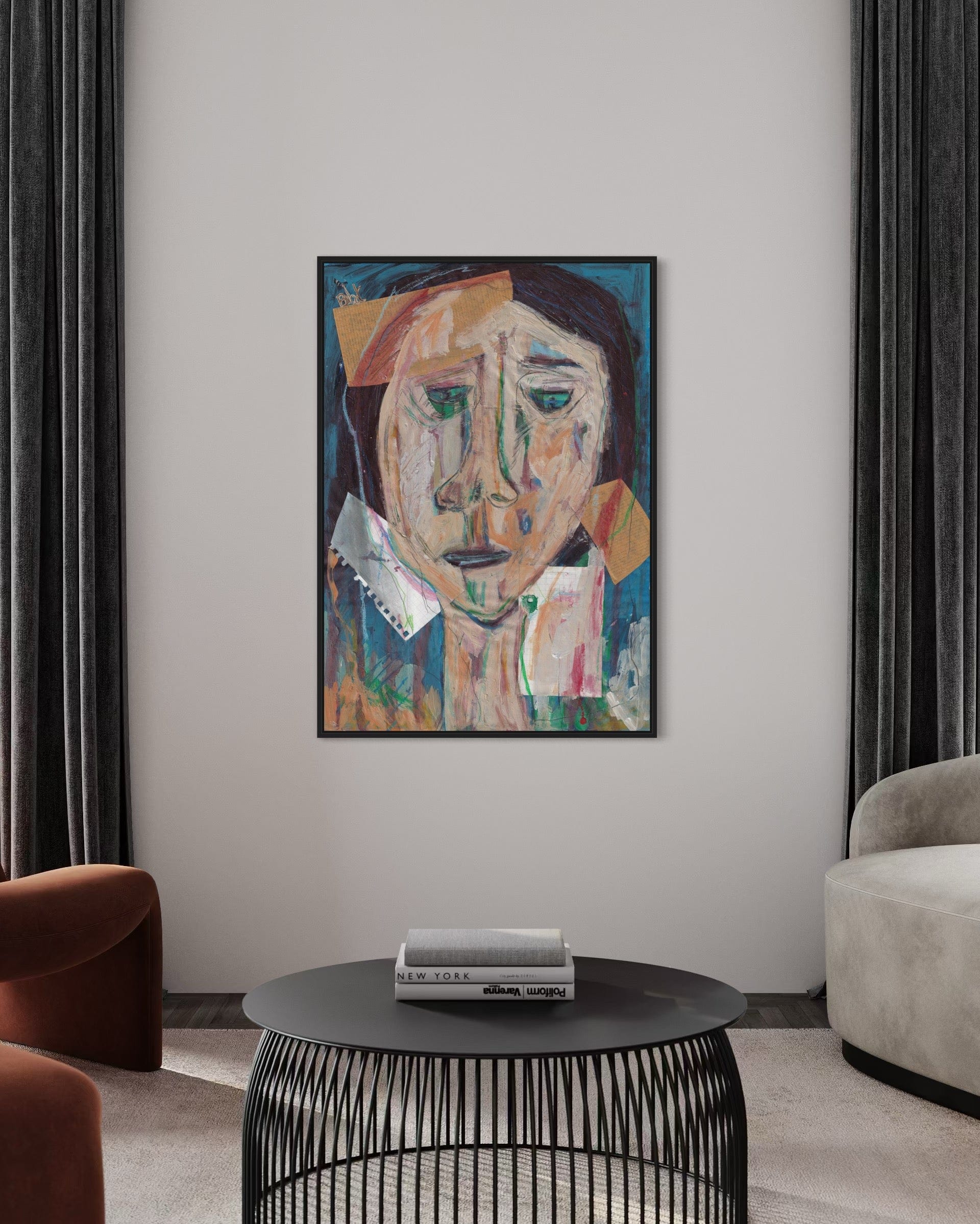 Abstract painting of a face on a wall in a modern living room.