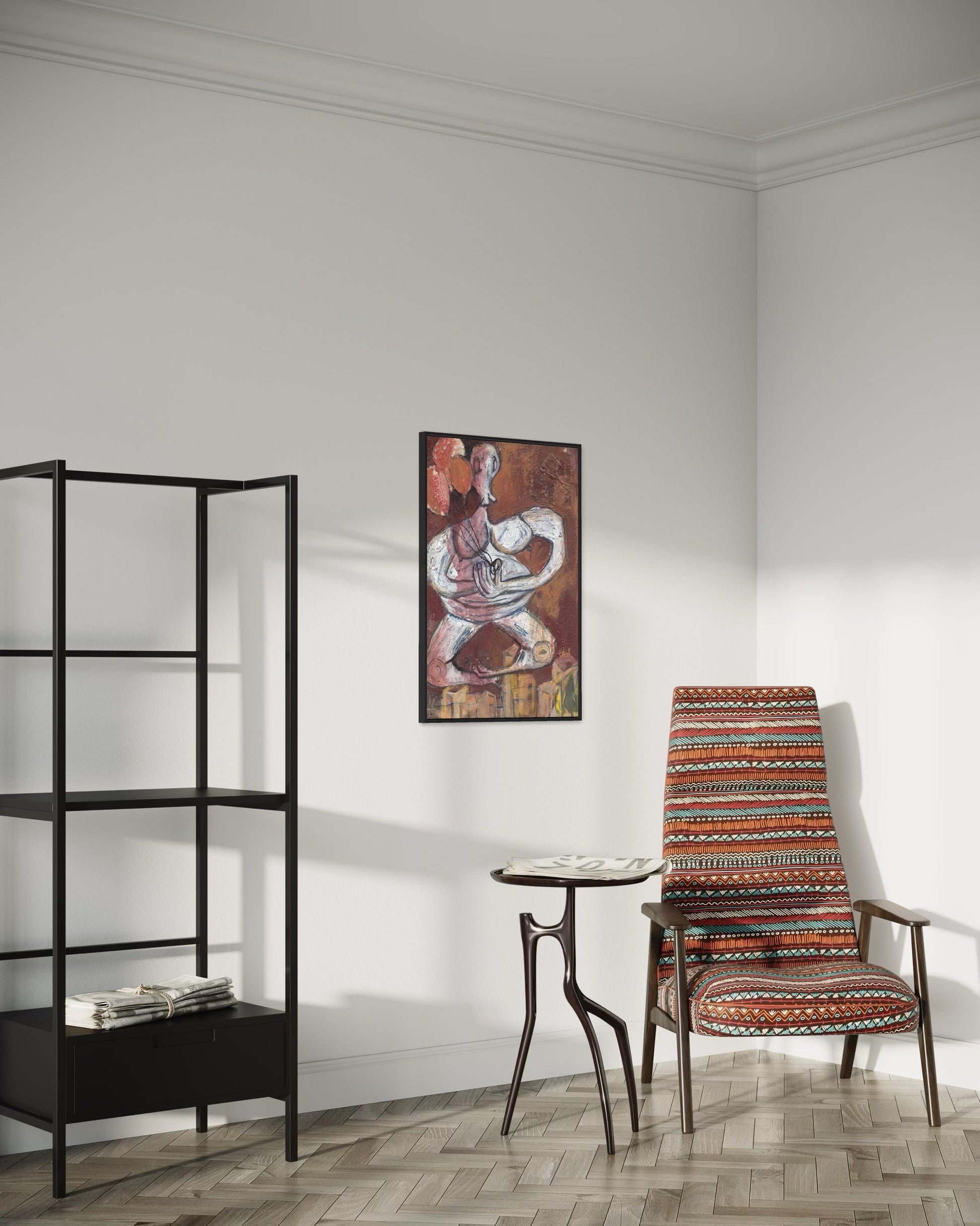 Decorative chair with patterned upholstery next to a black shelving unit and a small round table in a room.