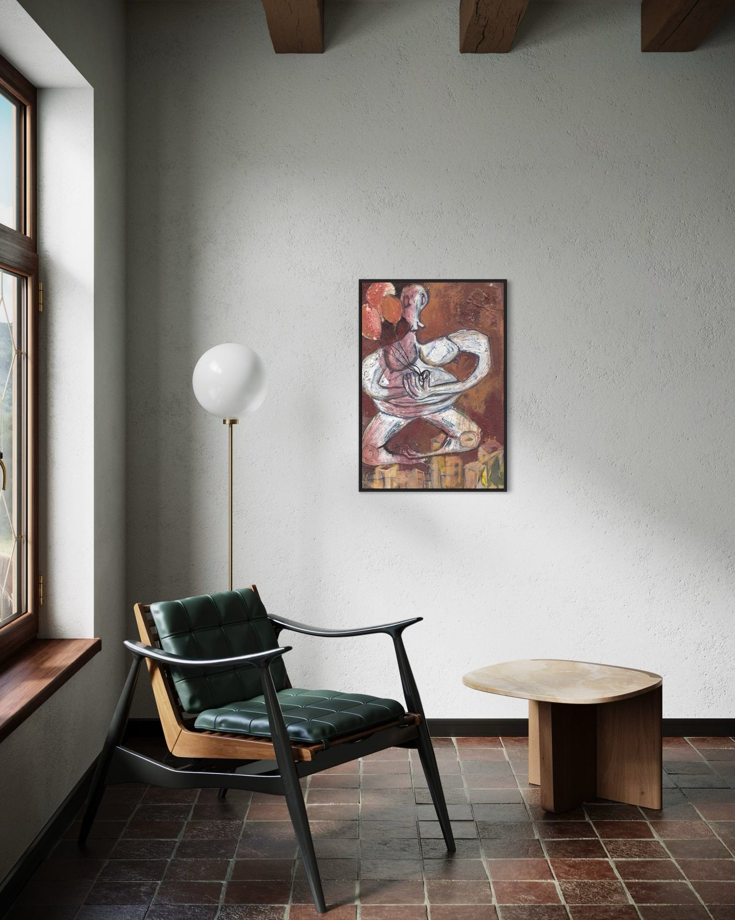 Modern interior with a chair, table, and wall art in a room with a window.