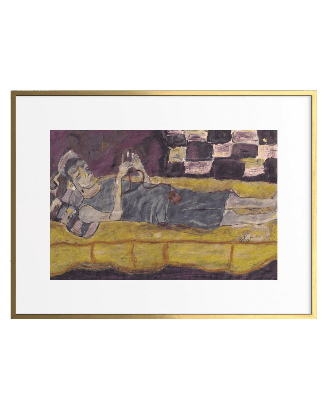 Framed artwork of a woman lying on a bed with a checkered blanket.