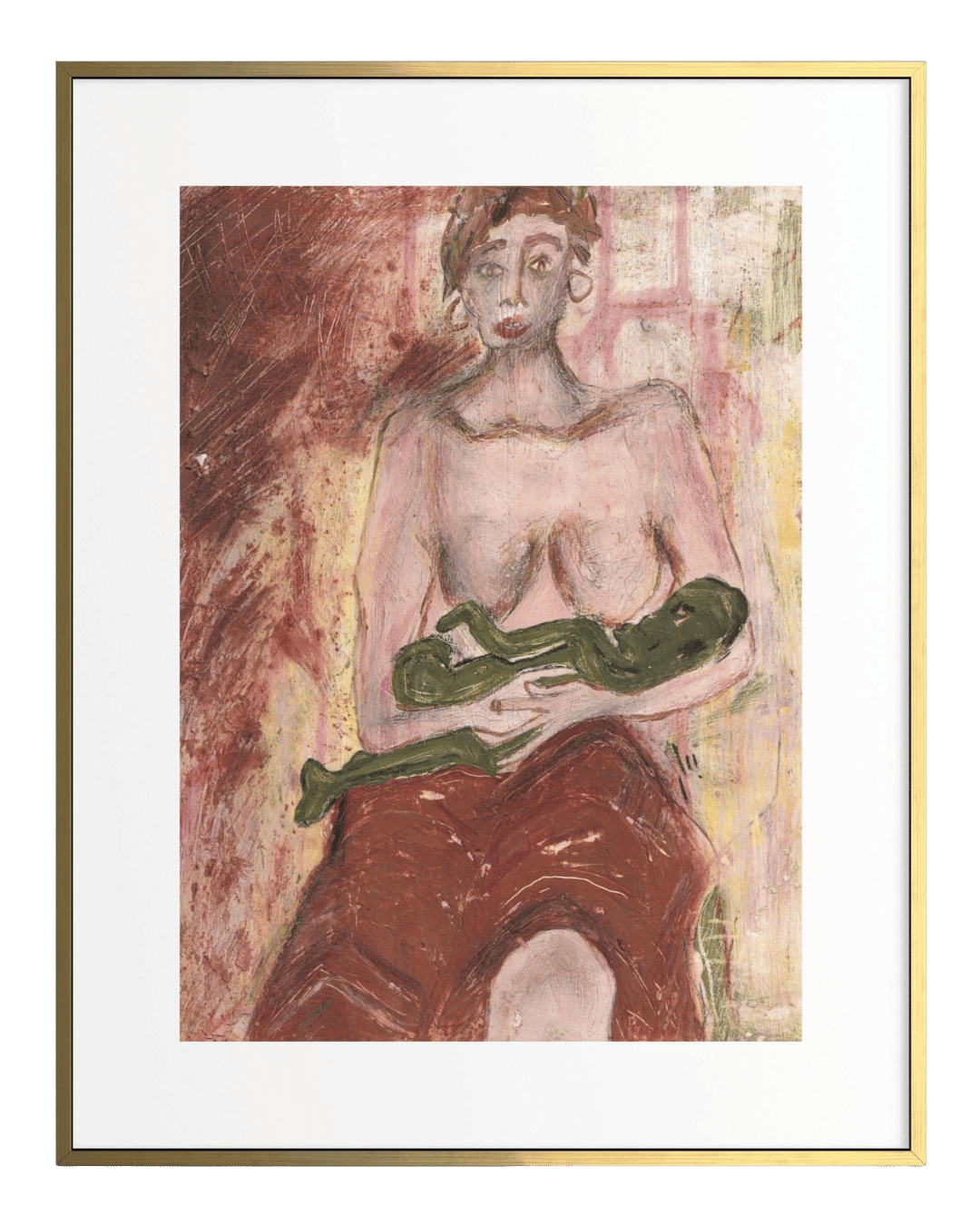 Framed artwork of a nude figure holding a green object against a textured background.