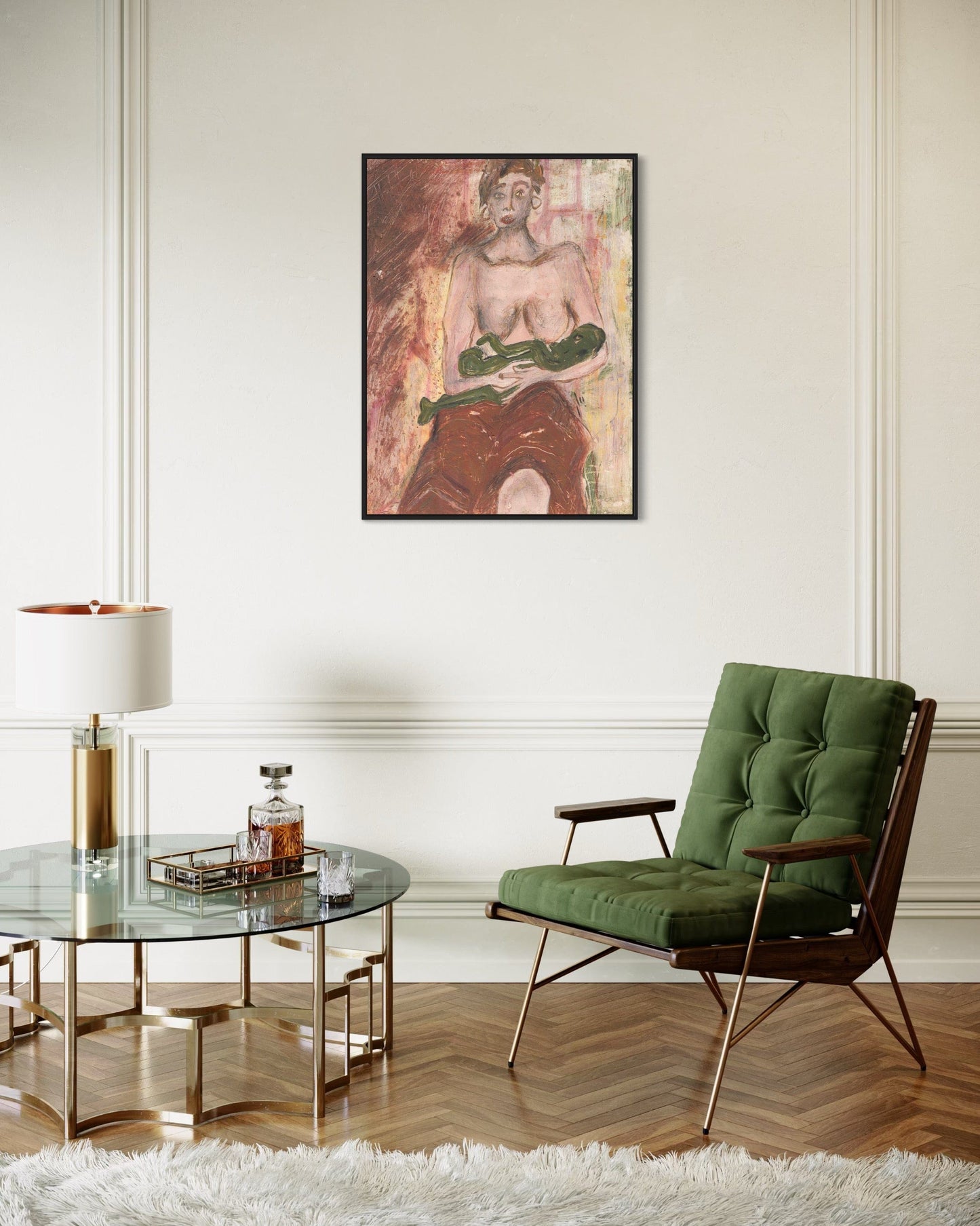 Modern living room with green armchair, glass coffee table, and wall art.