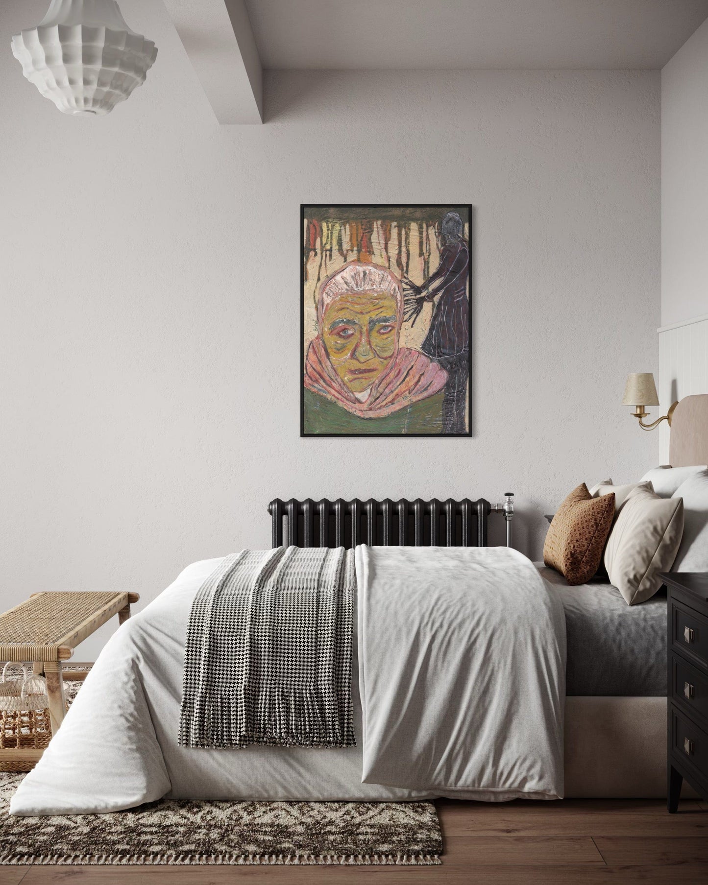 Modern bedroom with a bed, artwork on the wall, and decorative elements.