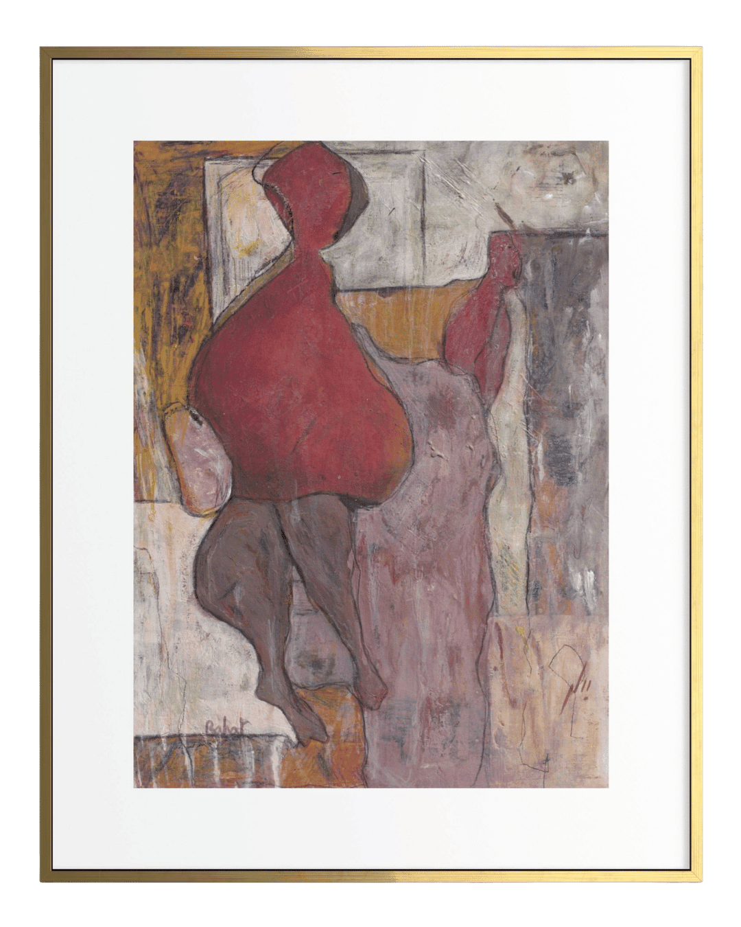 Abstract artwork with red and purple figures on a textured background