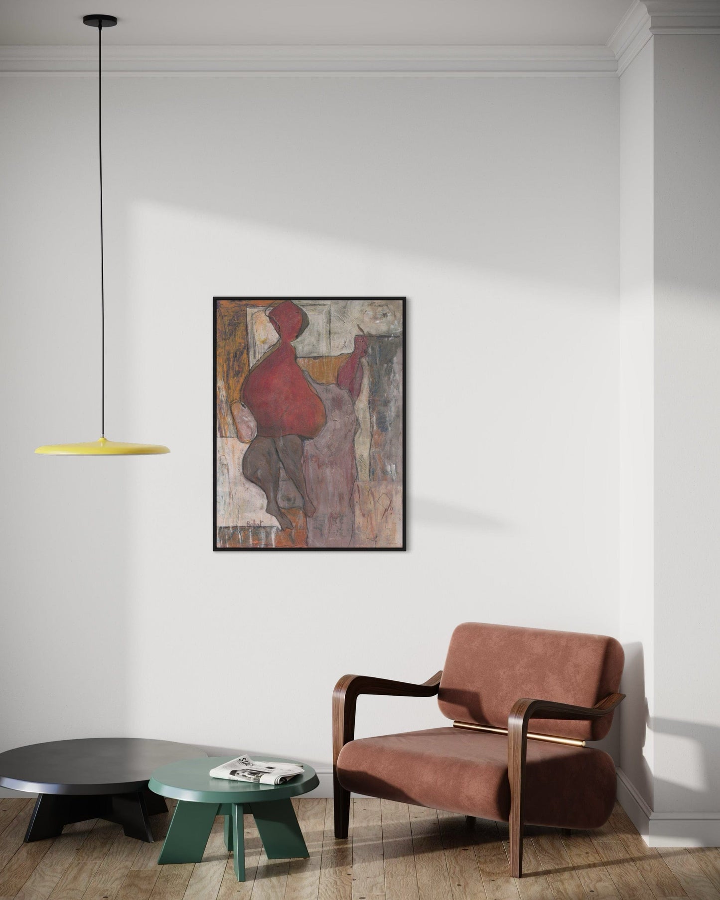 Modern living room with a brown armchair, round table, and abstract painting on the wall.