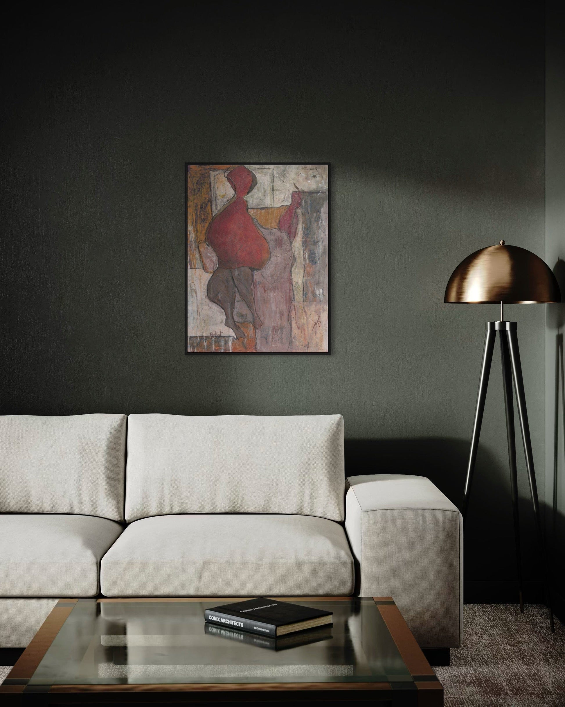 Modern living room with a beige sofa, glass coffee table, and abstract painting on a dark wall.