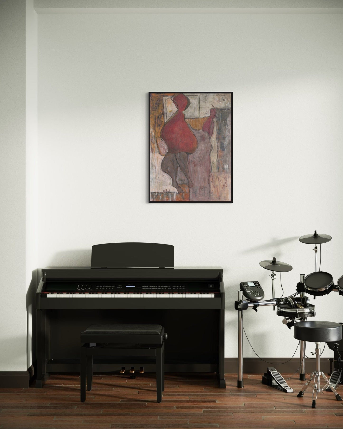 Piano and drum set in a room with a painting on the wall.