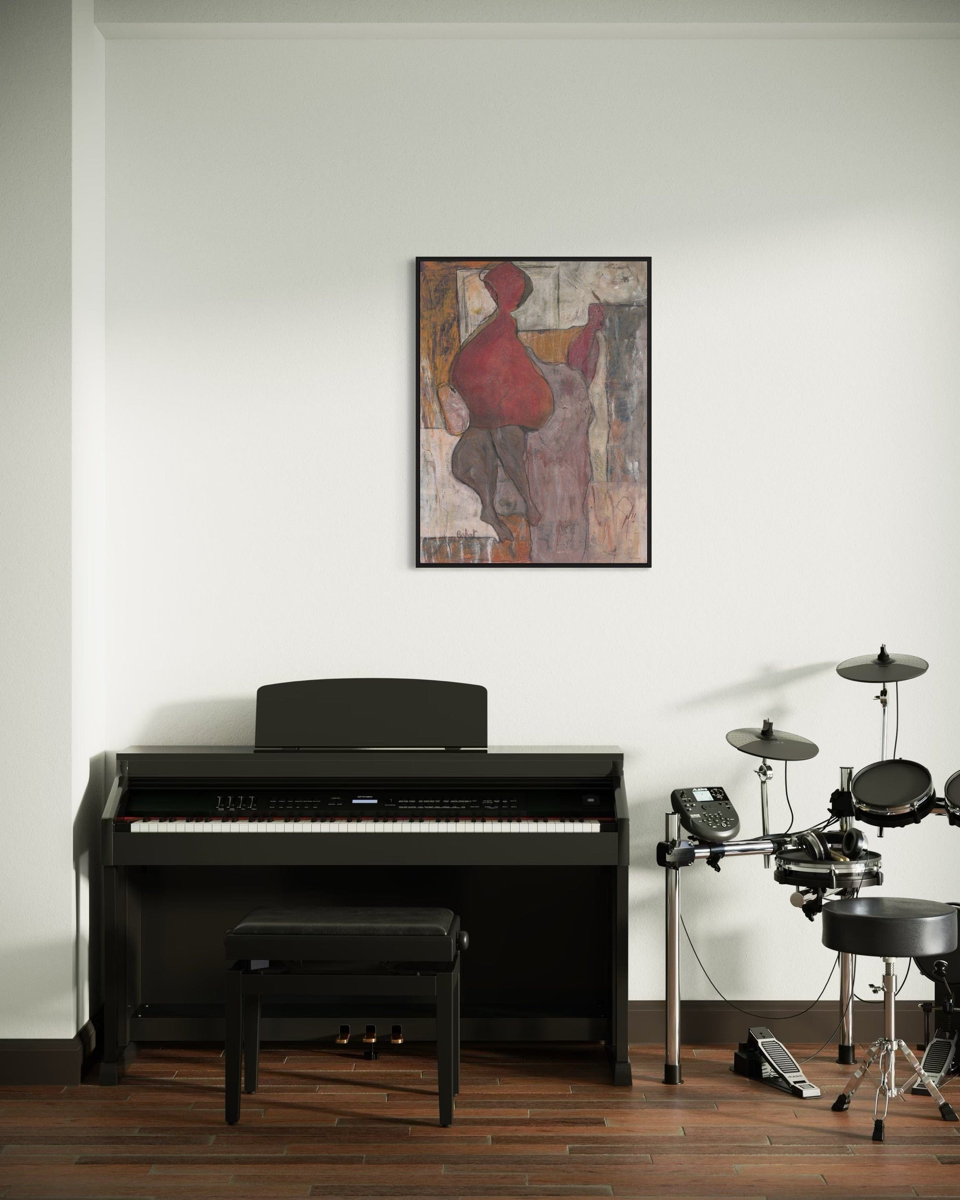 Piano and drum set in a room with a painting on the wall.