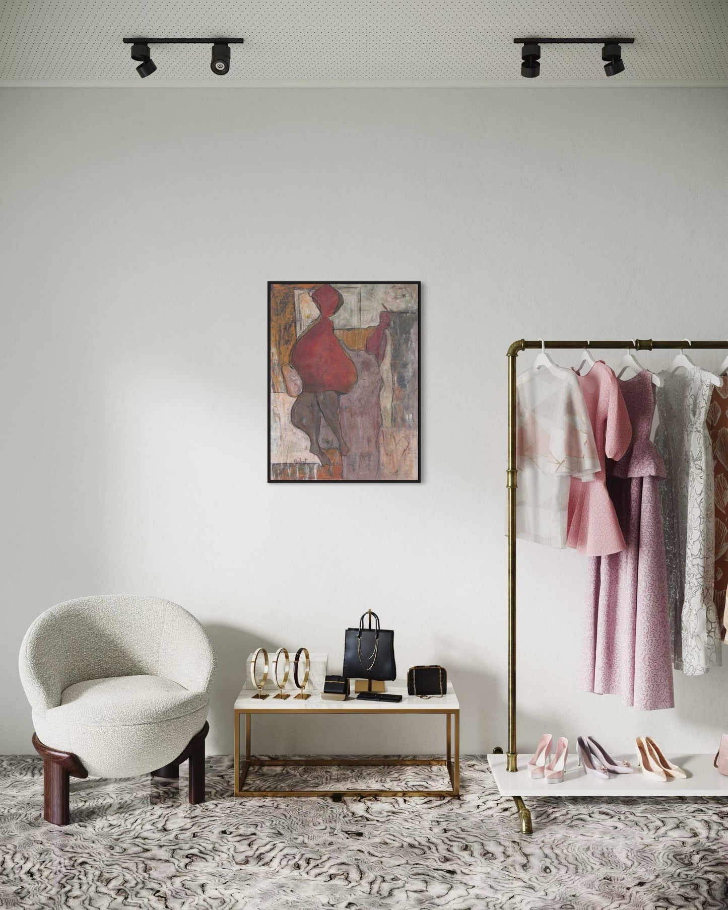 Modern interior with a chair, coffee table, and clothing rack against a white wall.