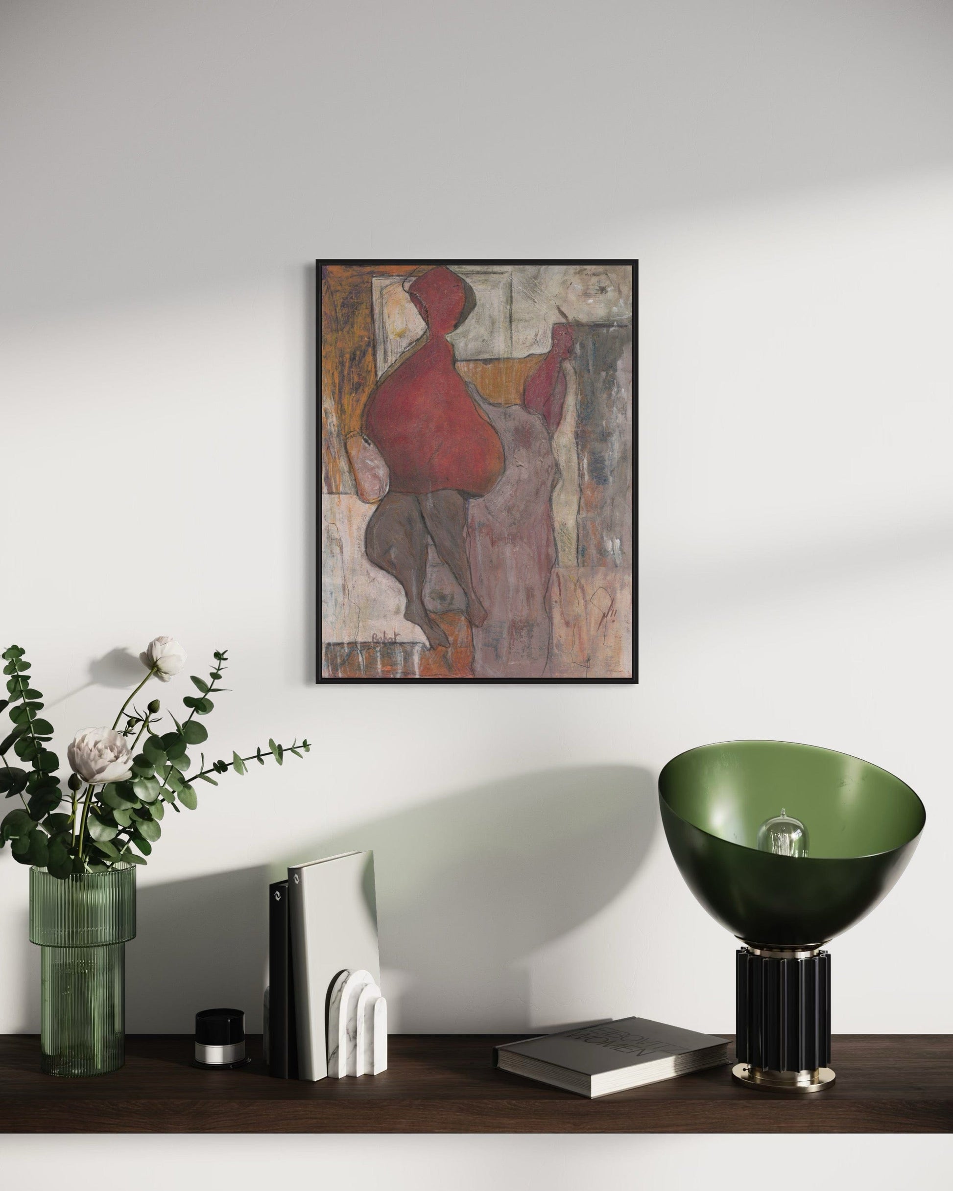 Modern interior with a abstract painting, green vase, and decorative items on a shelf.