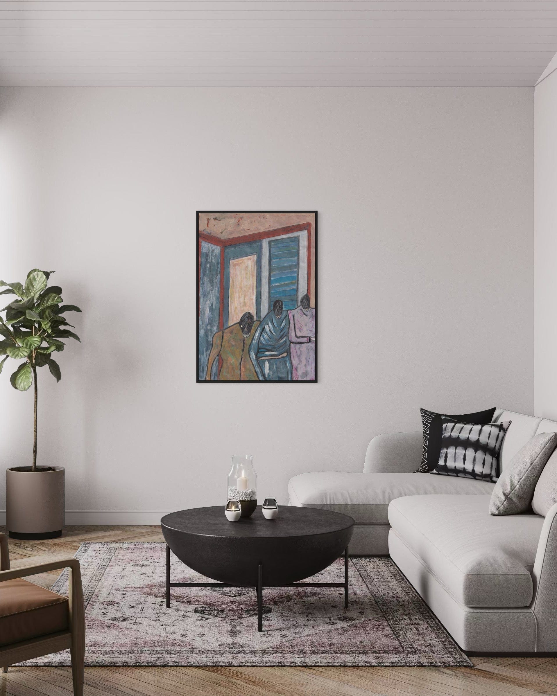 Living room with a modern sofa, coffee table, and wall art.