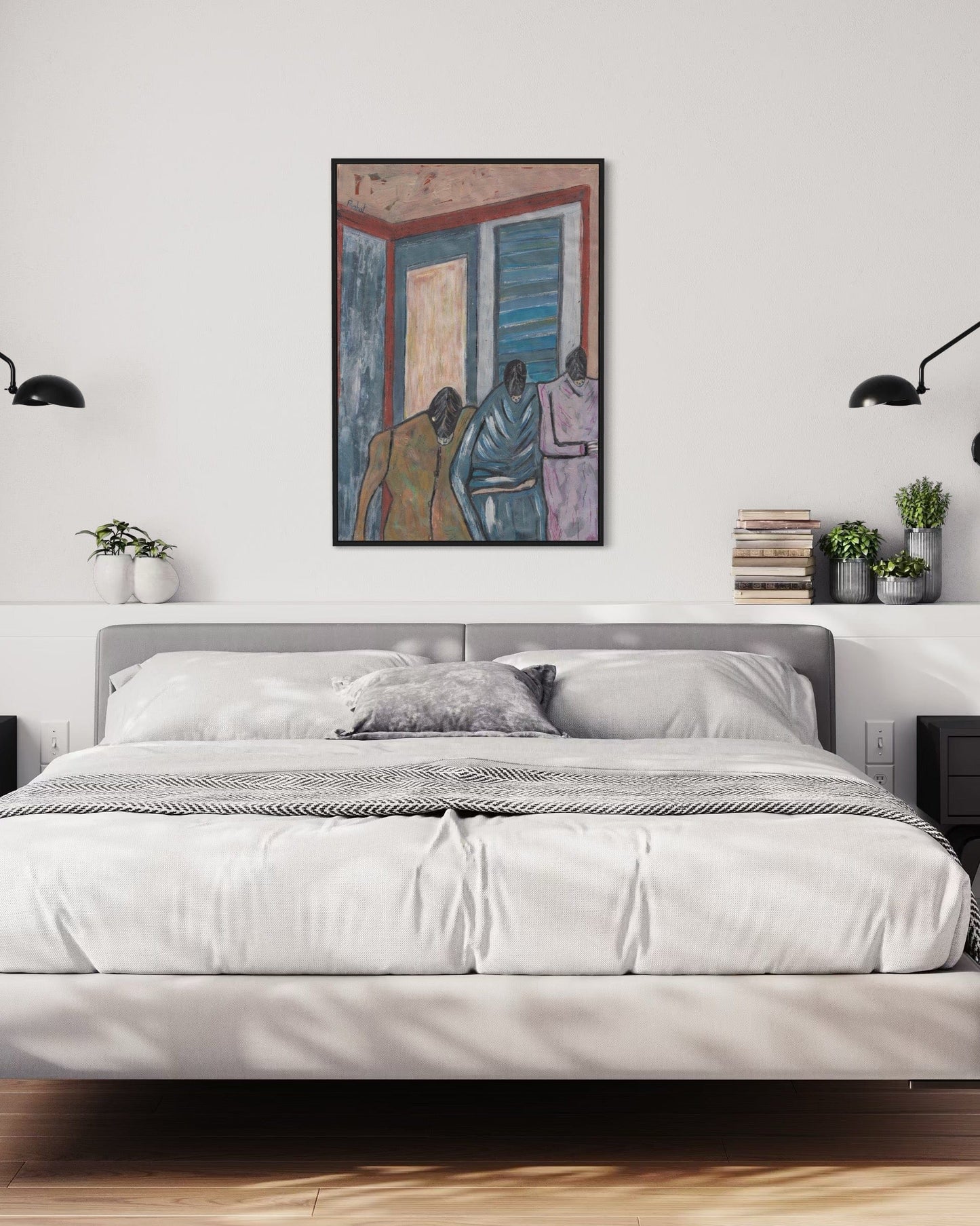 Bedroom with a painting above the bed and decorative elements on the wall.
