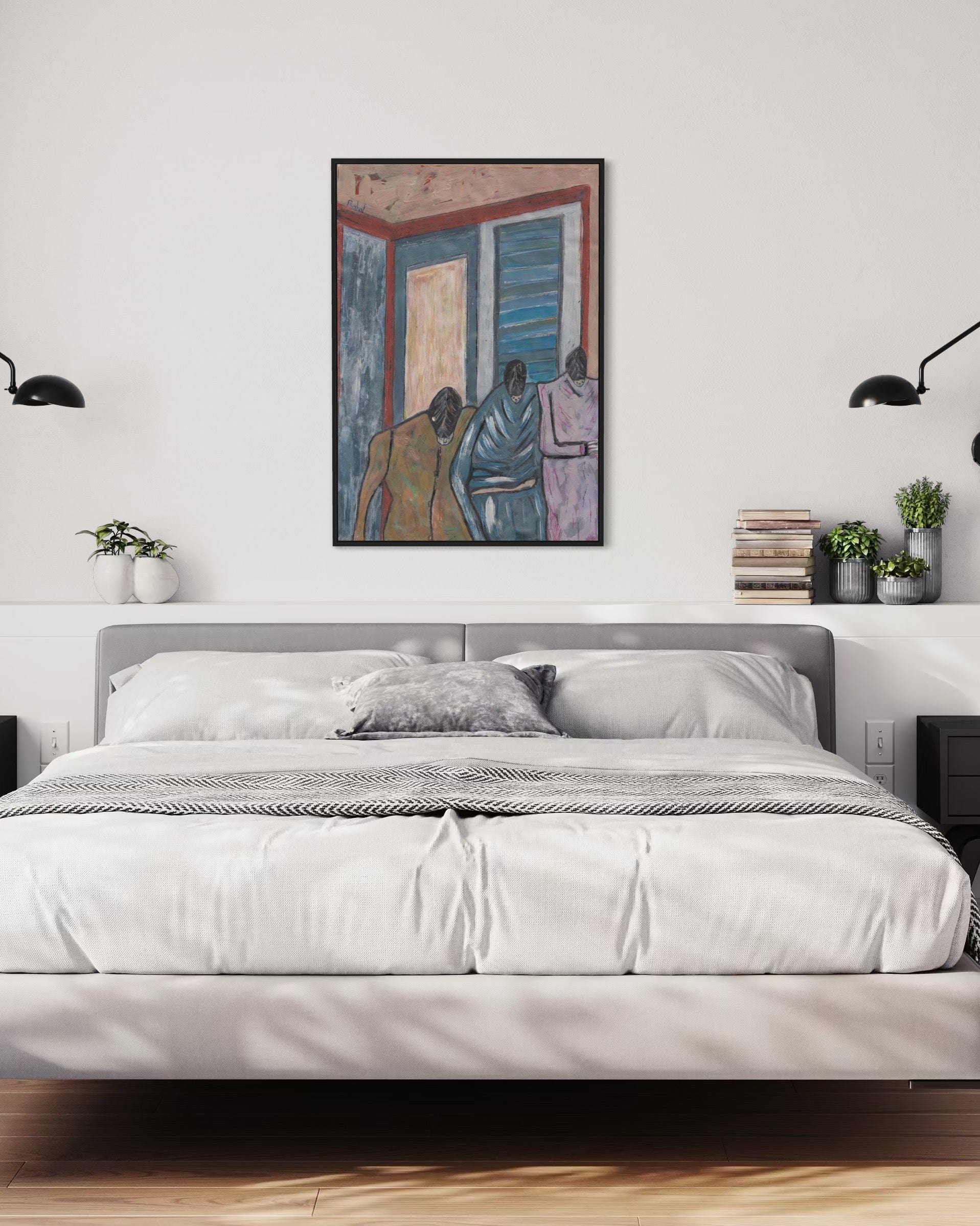 Bedroom with a painting above the bed and decorative elements on the wall.