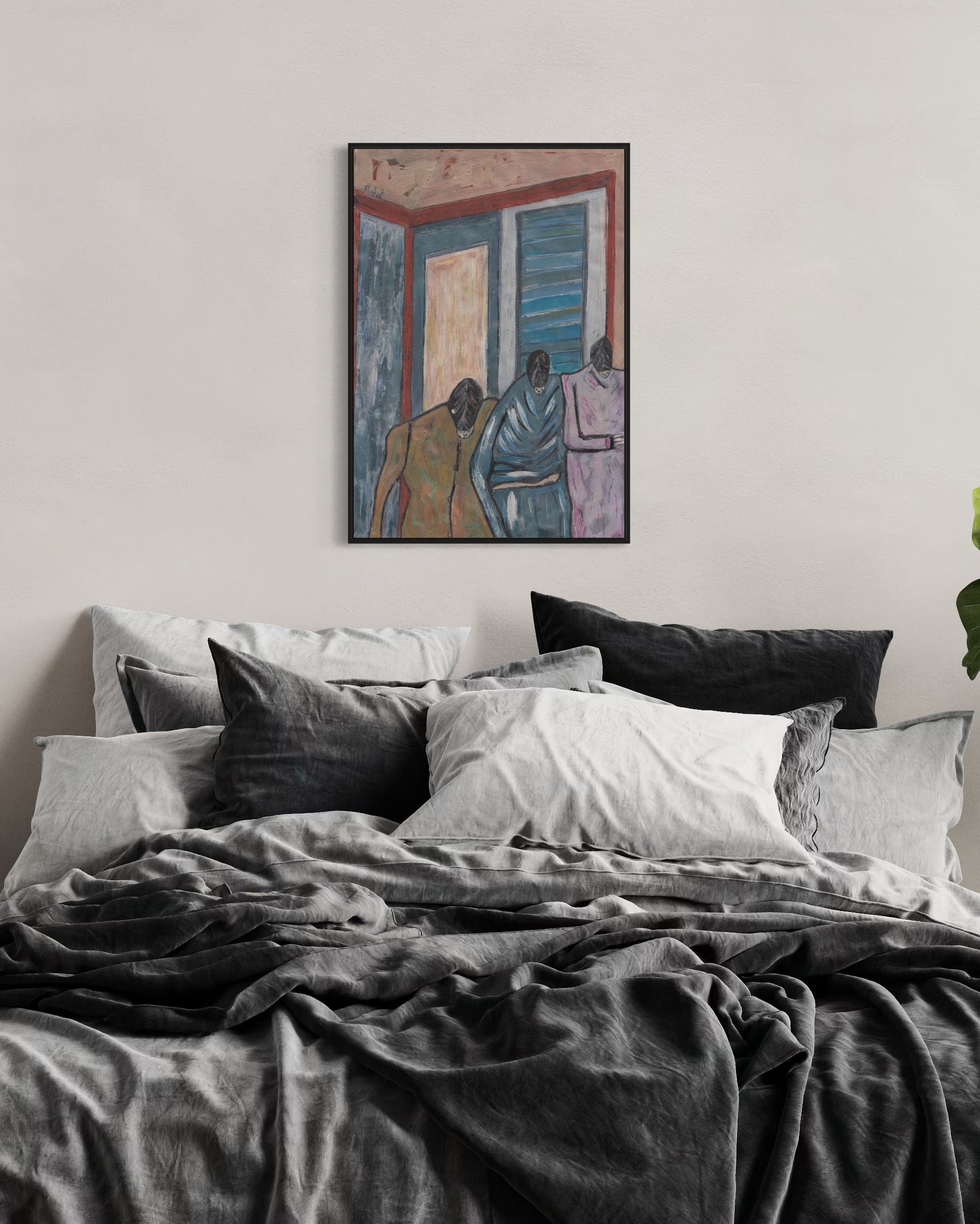 Bedroom with a painting of three figures on the wall above the bed.