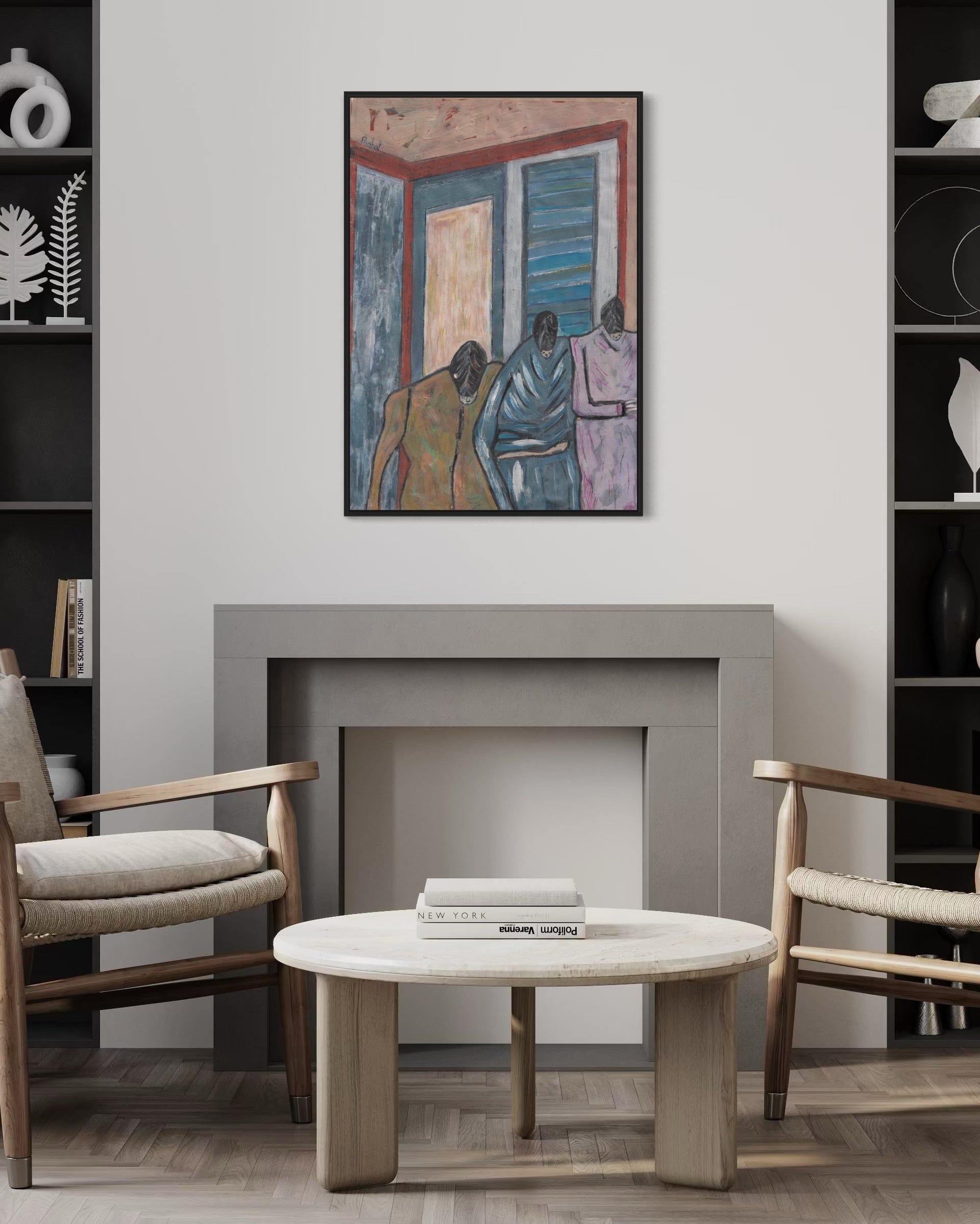 Living room with a fireplace, coffee table, and wall art