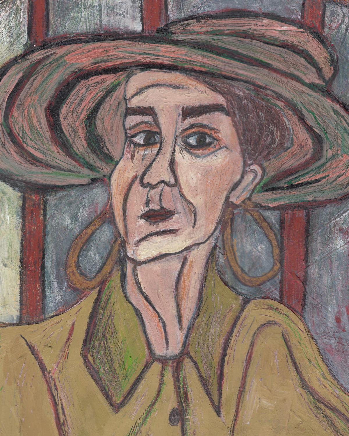 Painting of a woman wearing a large hat with a red background
