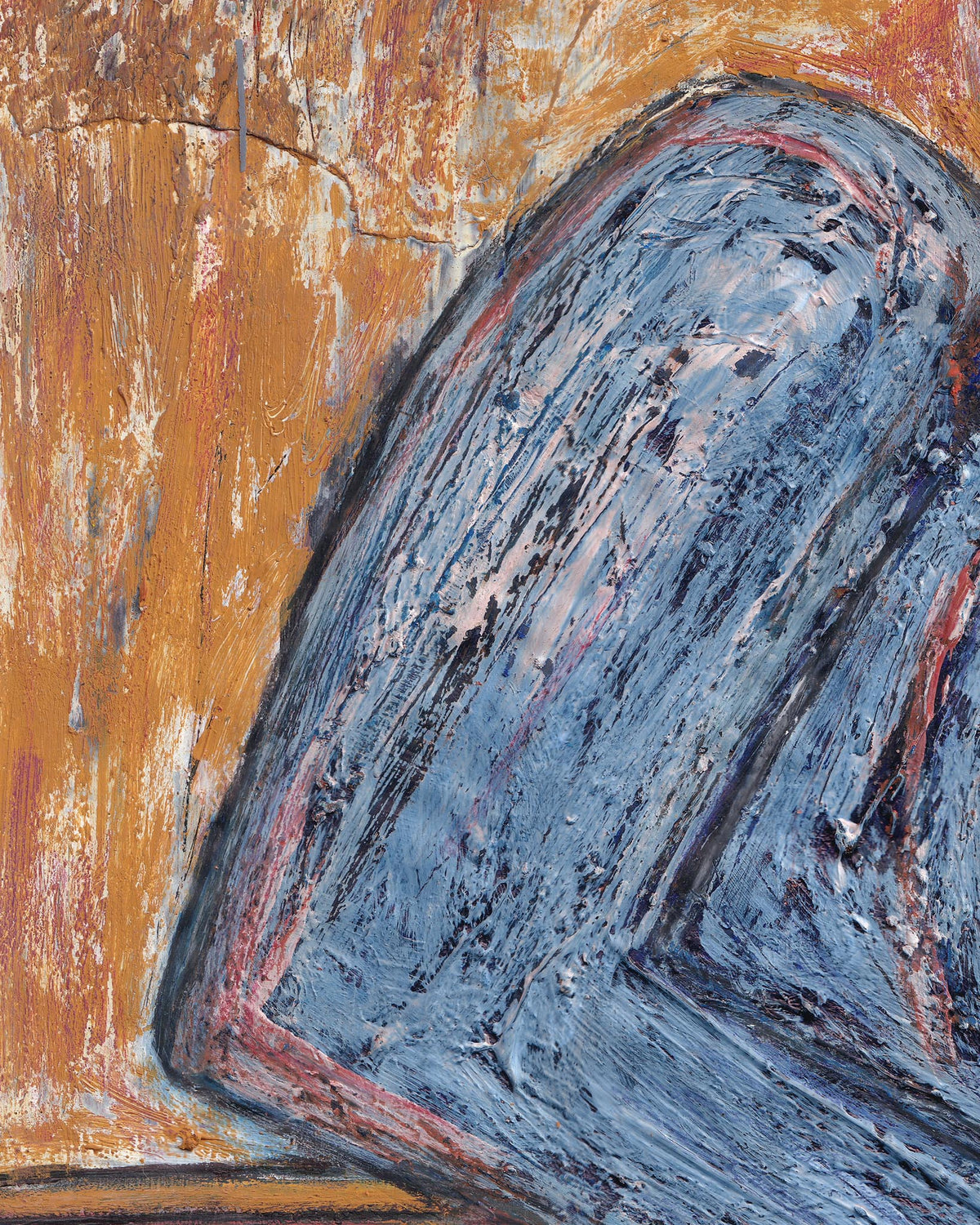 Abstract painting with a blue and brown color scheme on a textured surface