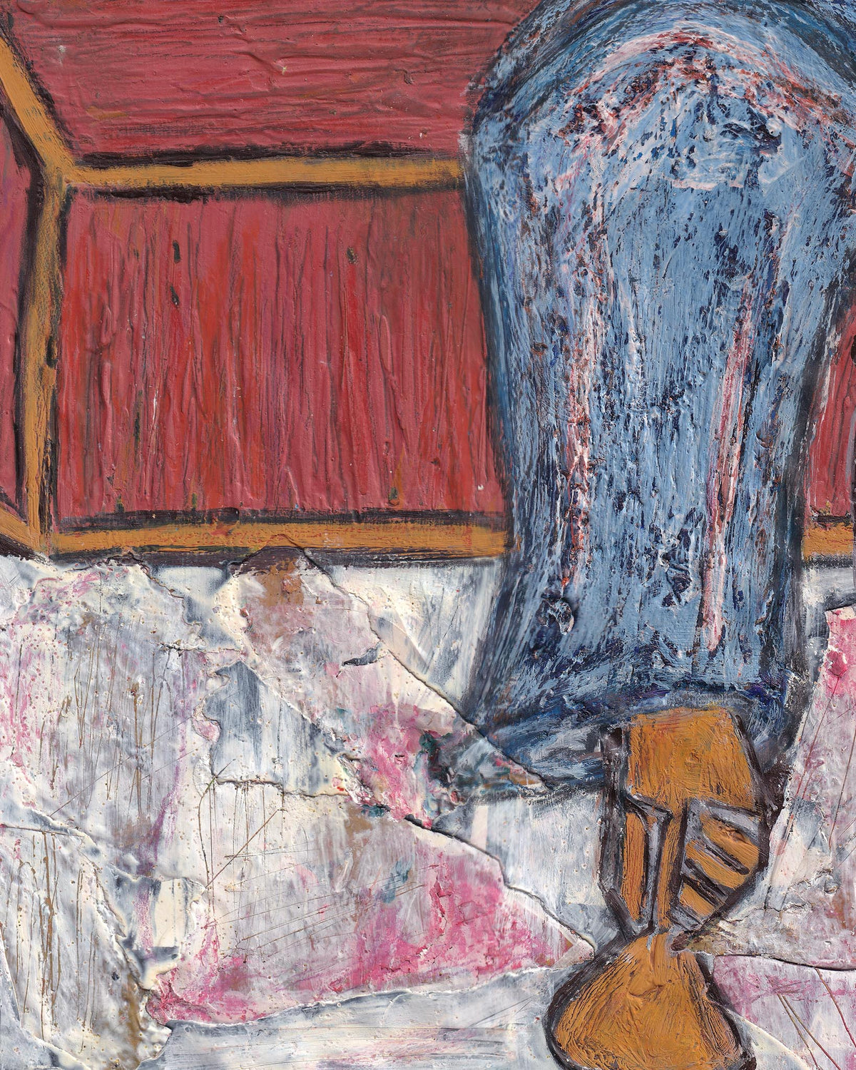 Abstract painting with a blue and red color scheme