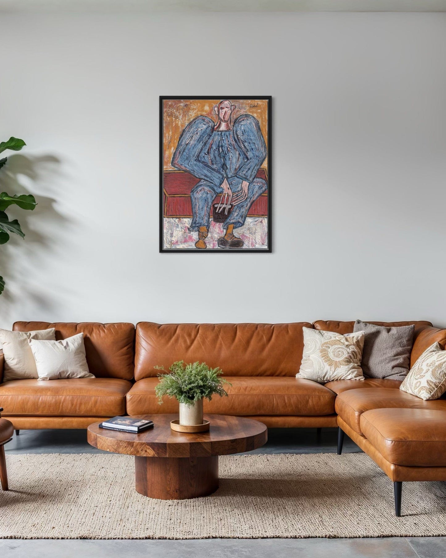 Living room with brown leather sectional sofa, wooden coffee table, and abstract painting on the wall.