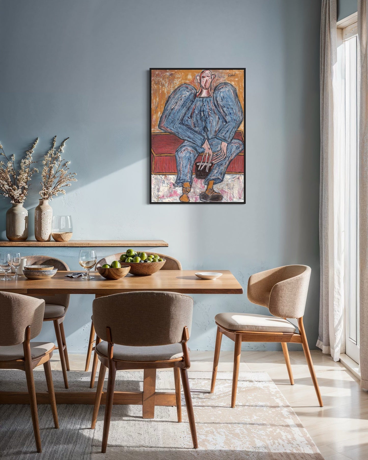 Dining room with wooden table and chairs, framed artwork on the wall, and natural light.