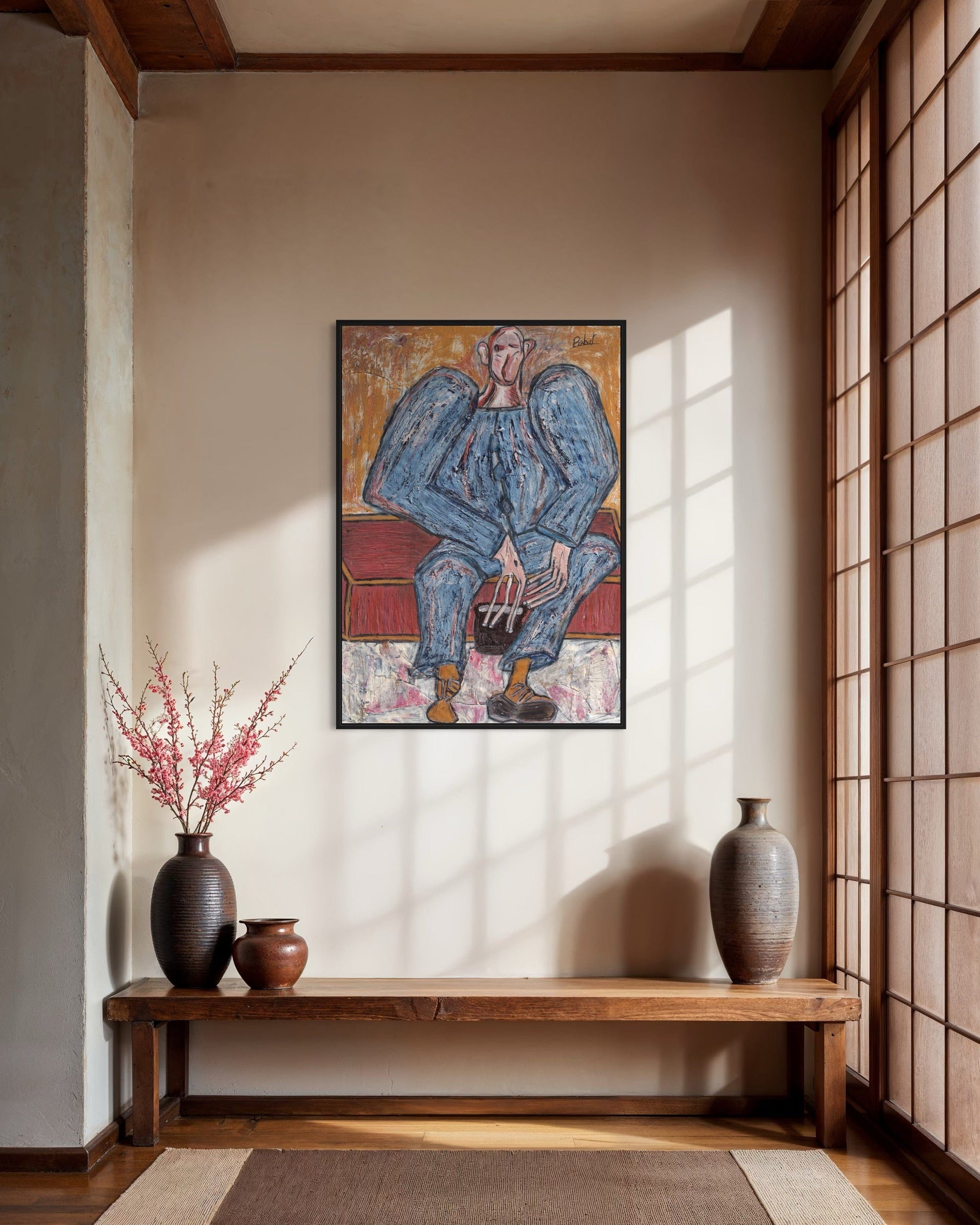 Room interior with a bench, vases, and a colorful abstract painting on the wall.