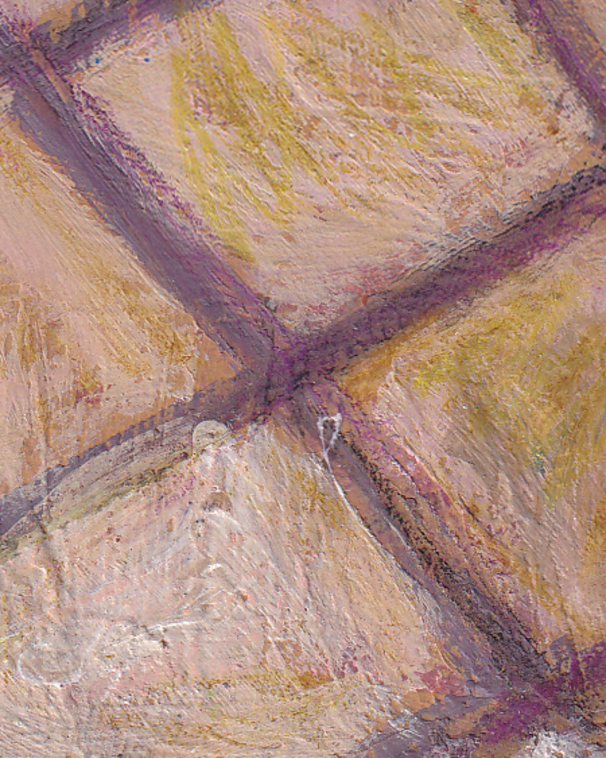 Abstract art with intersecting lines in purple, yellow, and beige.