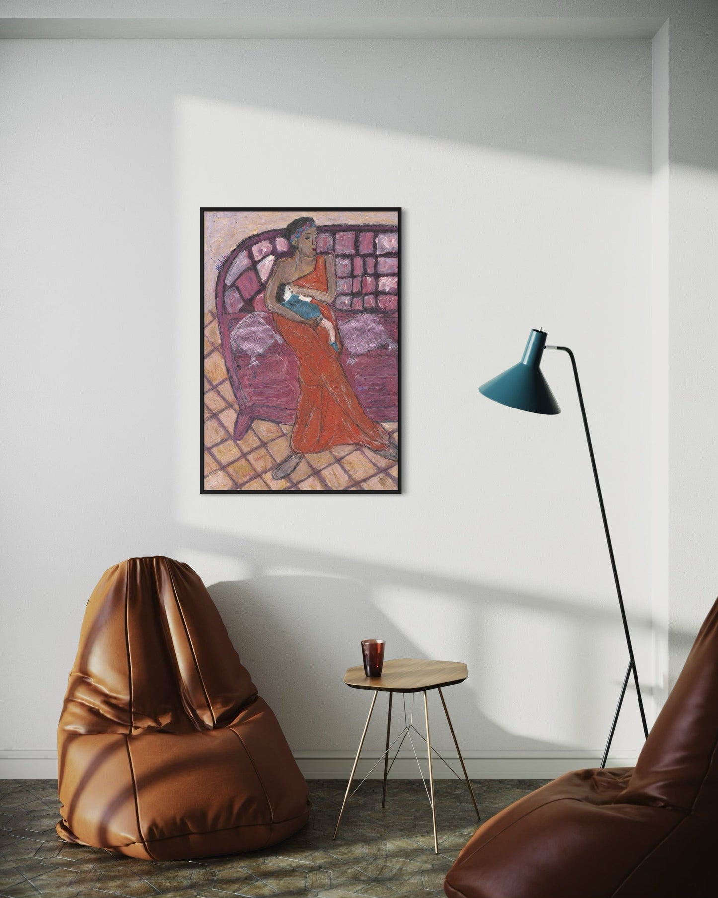 Modern interior with a brown bean bag chair, round wooden table, and abstract painting on the wall.