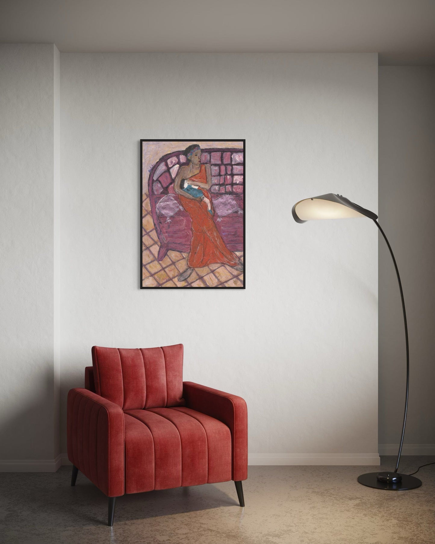 Red armchair in a room with a painting on the wall and a floor lamp.