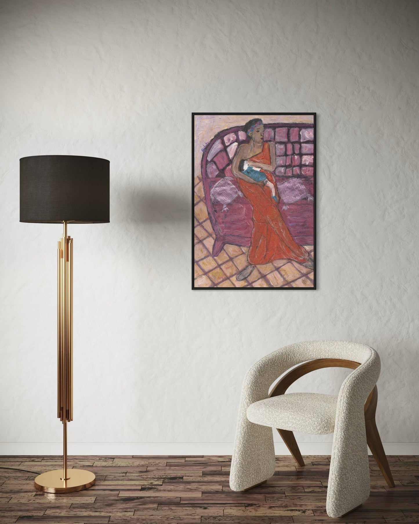 Modern interior with a floor lamp, chair, and wall art.