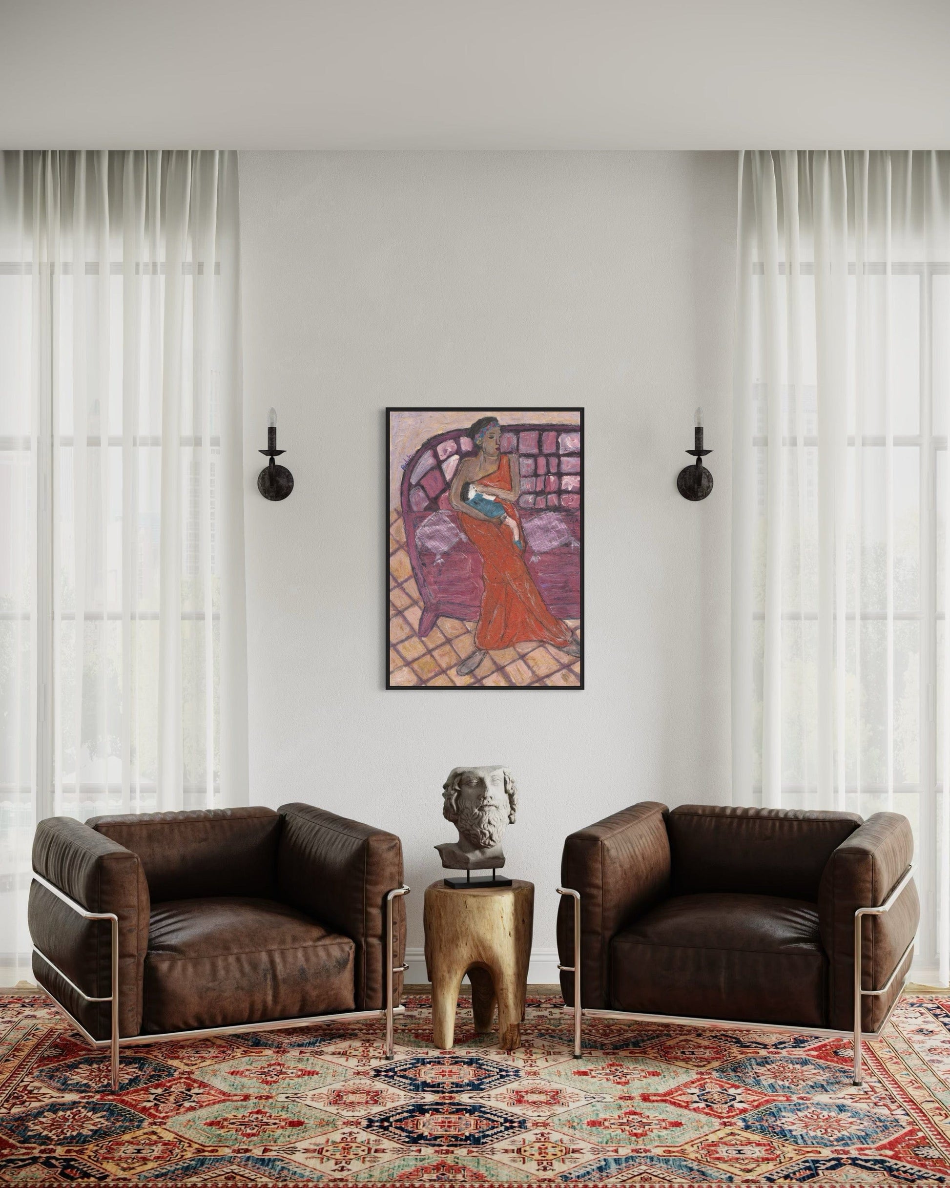 Modern living room with two brown leather chairs, a colorful rug, and a wall painting.