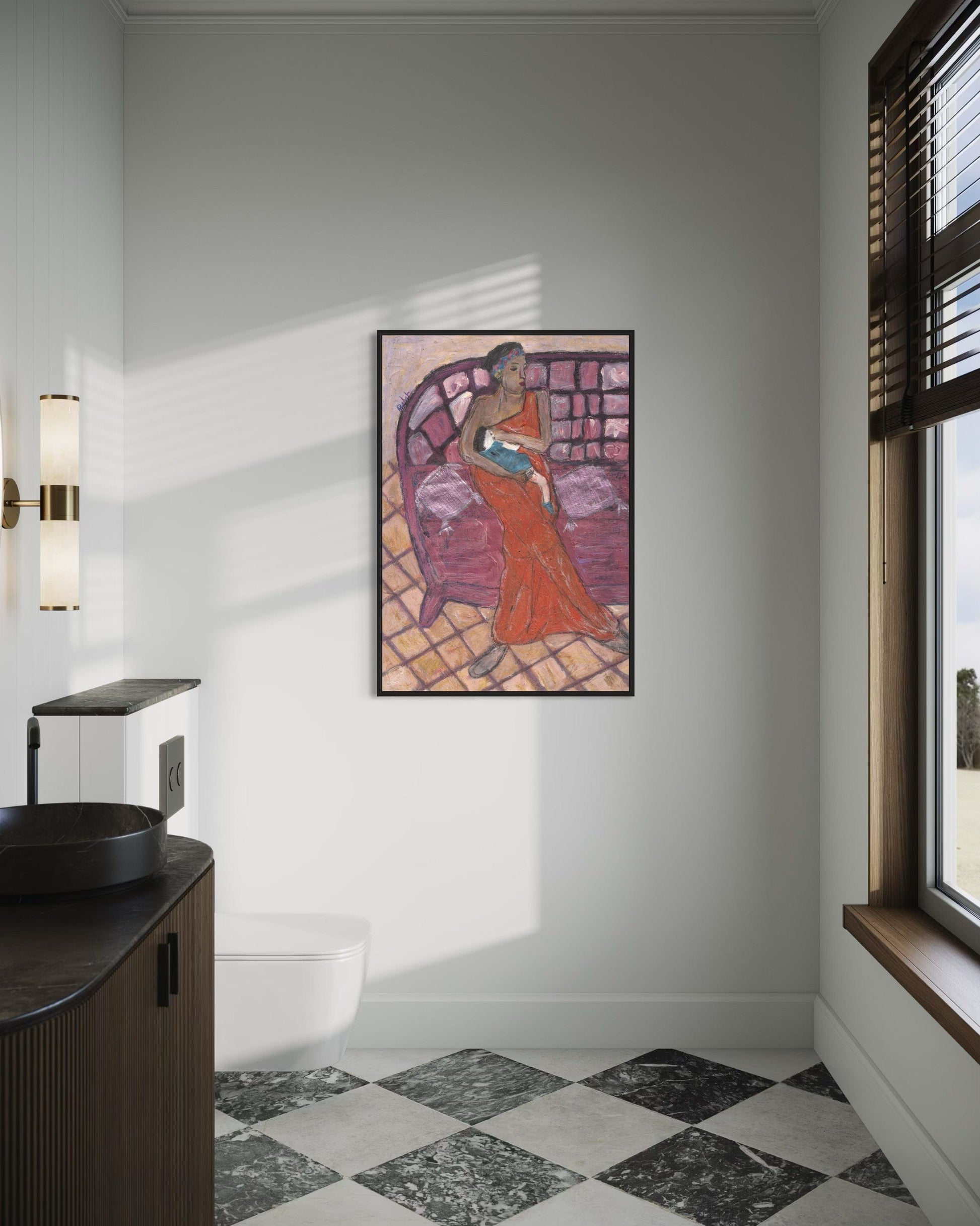 Bathroom interior with a colorful abstract painting on the wall.