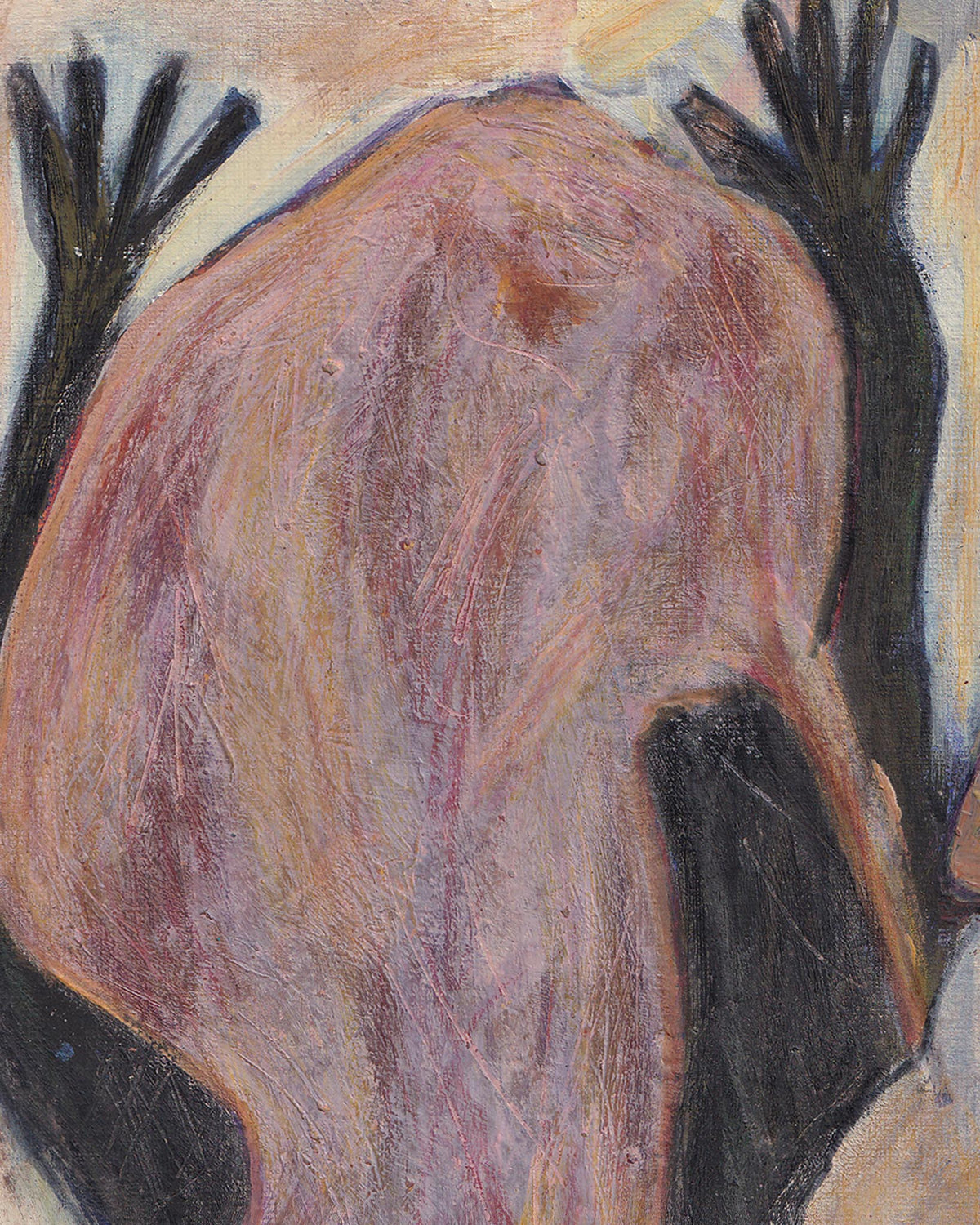 Abstract artwork with a central figure and dark hands reaching towards it