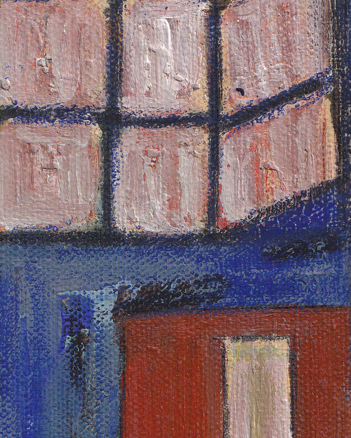 Artistic depiction of a window with grid pattern and adjacent building facade.