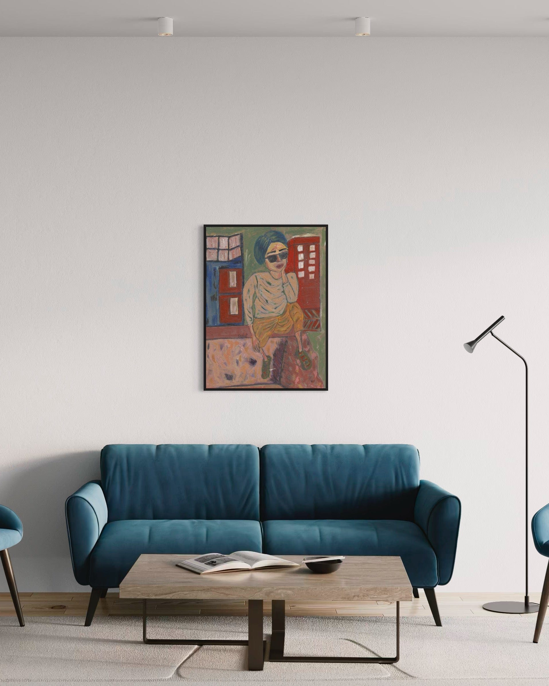Modern living room with a blue sofa, wooden coffee table, and colorful wall art.