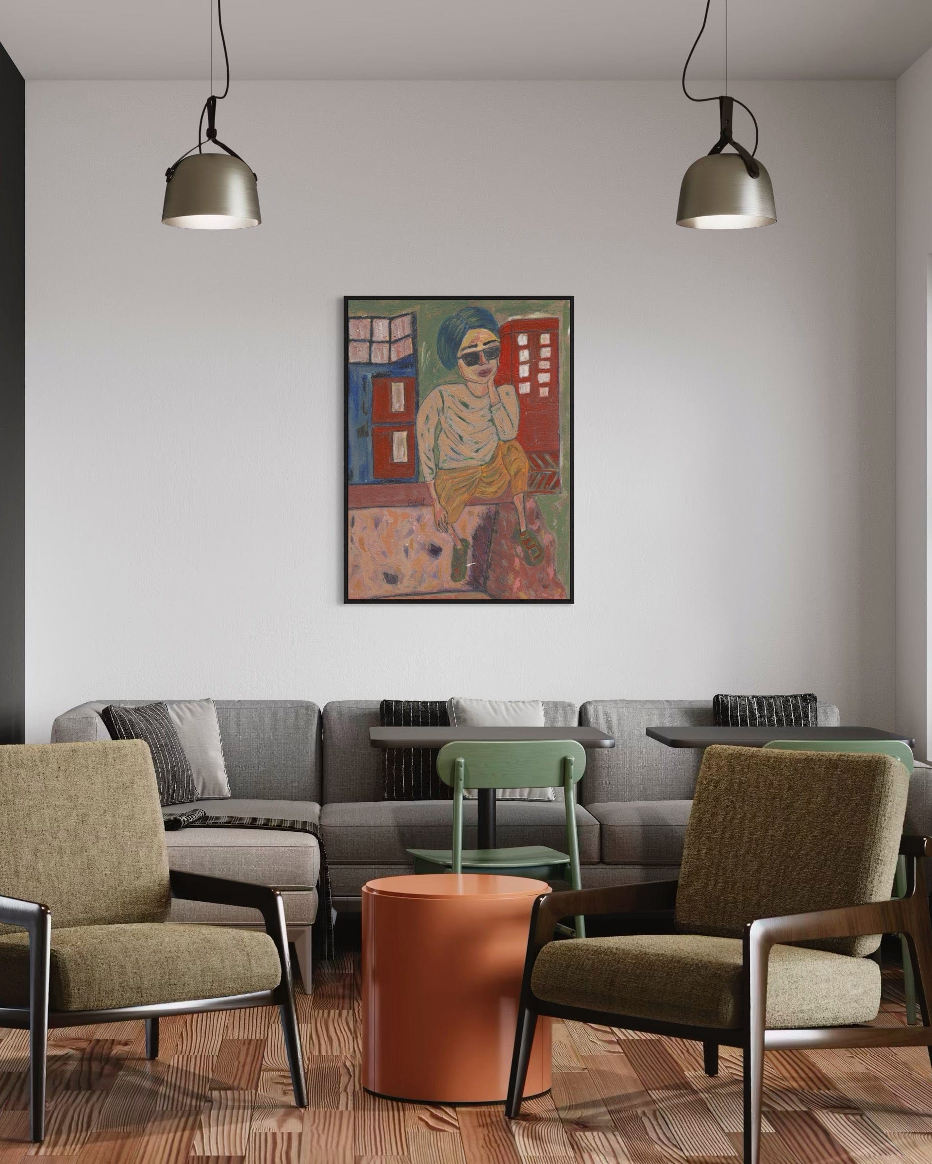 Modern living room with gray sofa, green chairs, and a colorful painting on the wall.