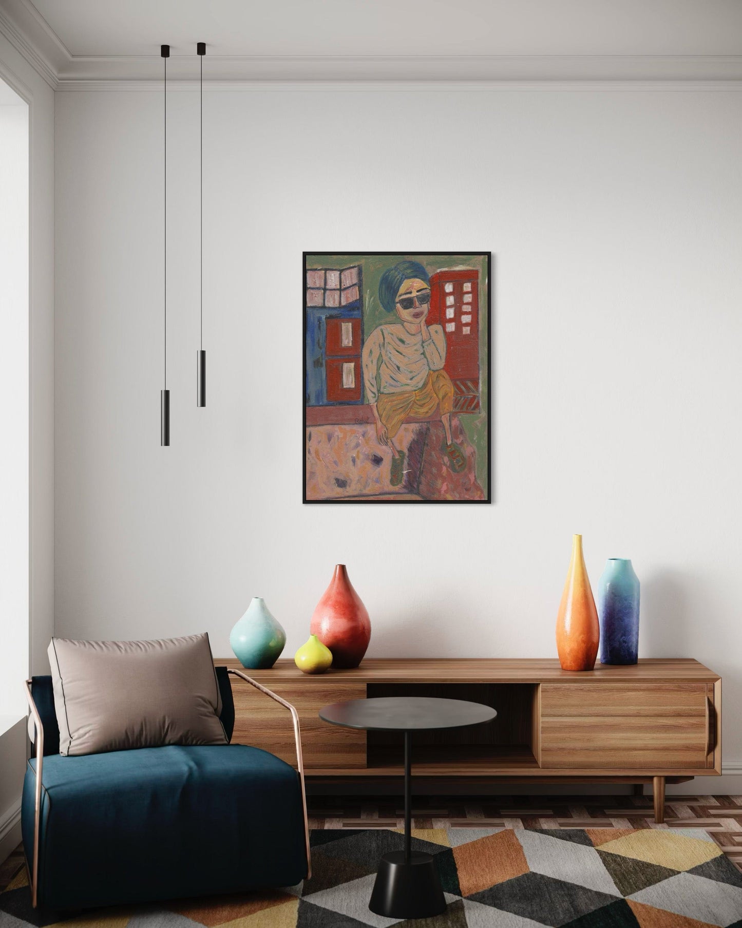 Modern living room with a colorful painting on the wall, wooden cabinet, and decorative vases.