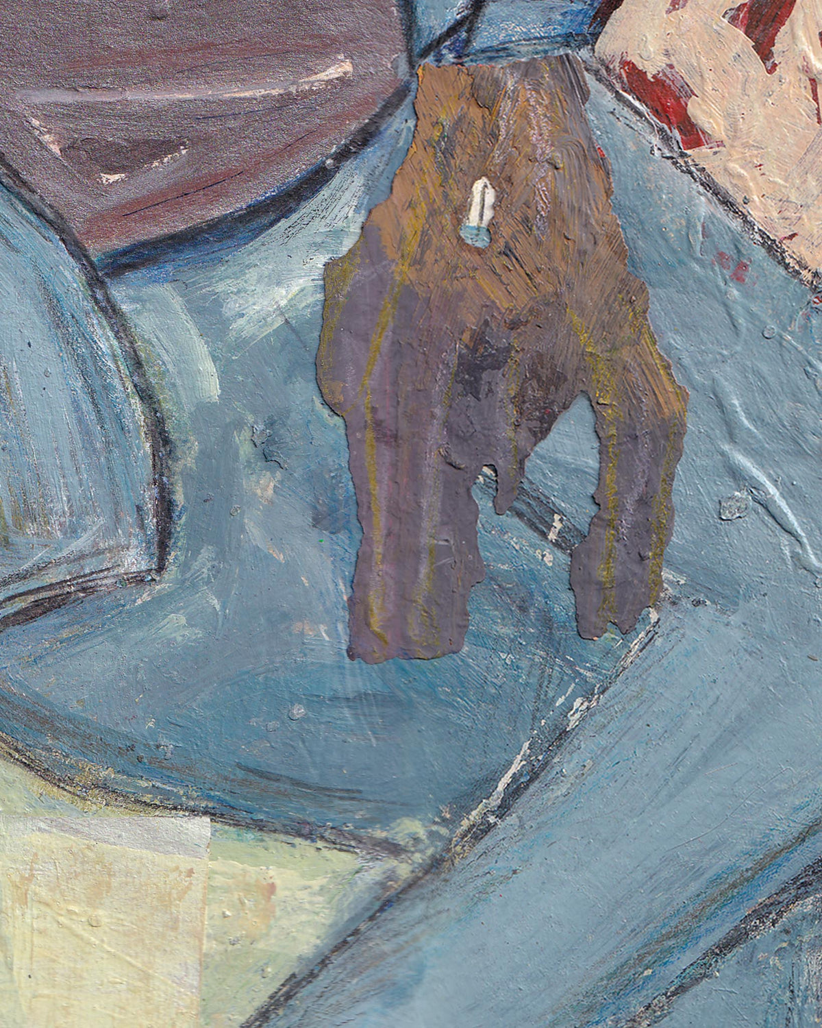Abstract painting with a brown figure on a blue background