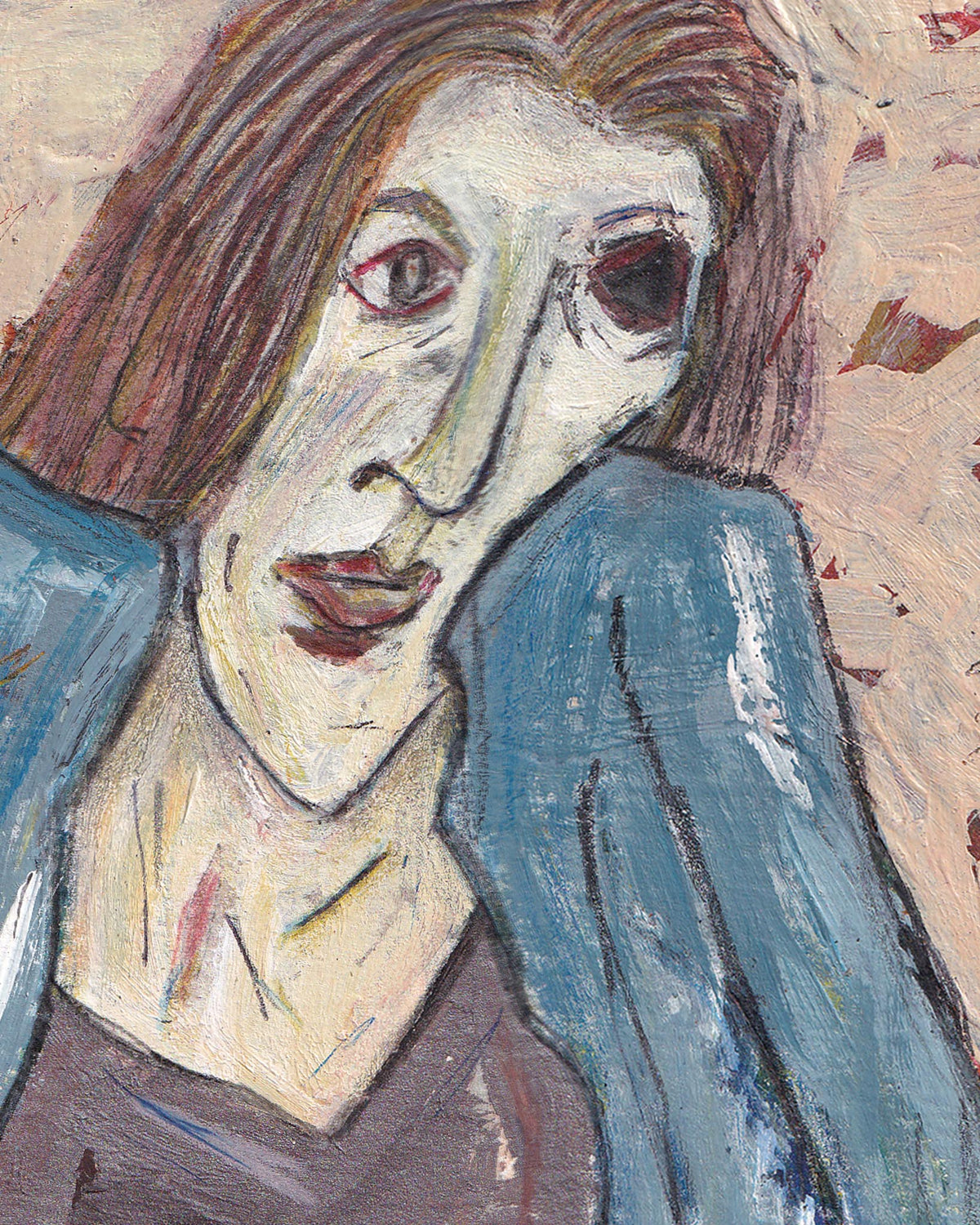 Artistic depiction of a person with a blue garment and brown hair.