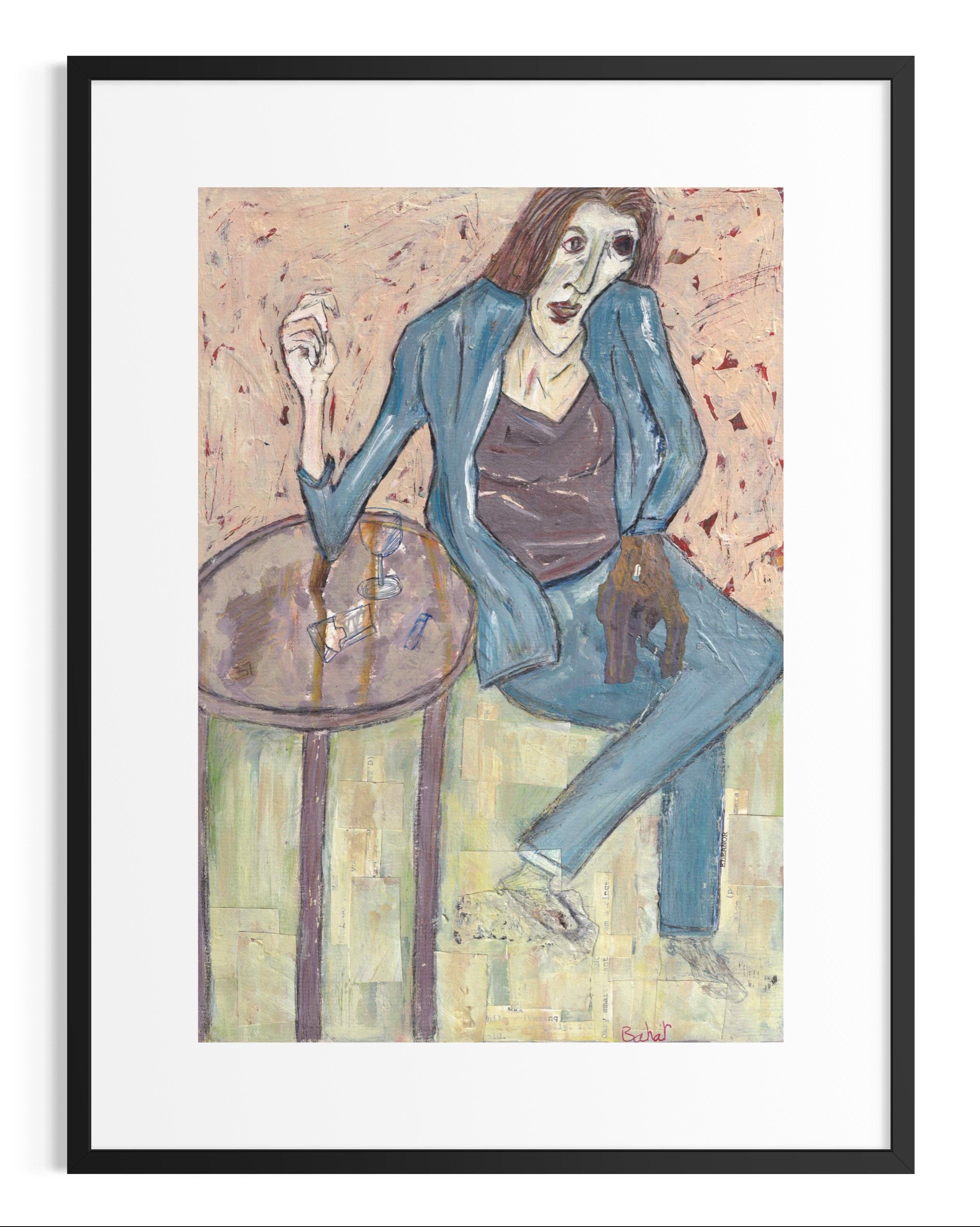 Artistic depiction of a person sitting at a table with a black frame.