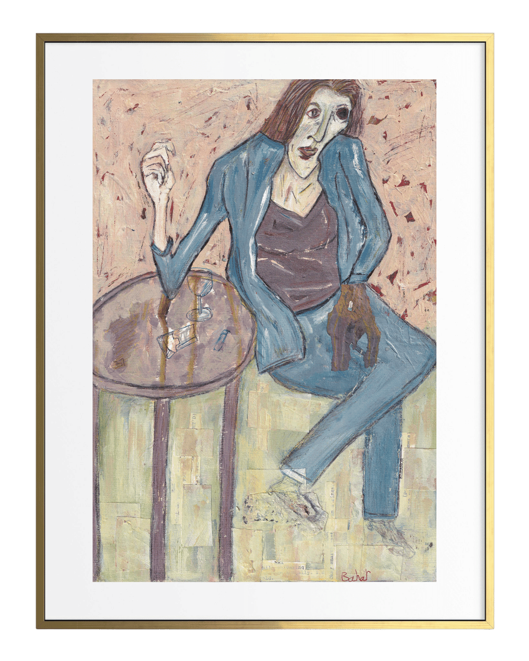 Artistic depiction of a person sitting at a table with a textured background