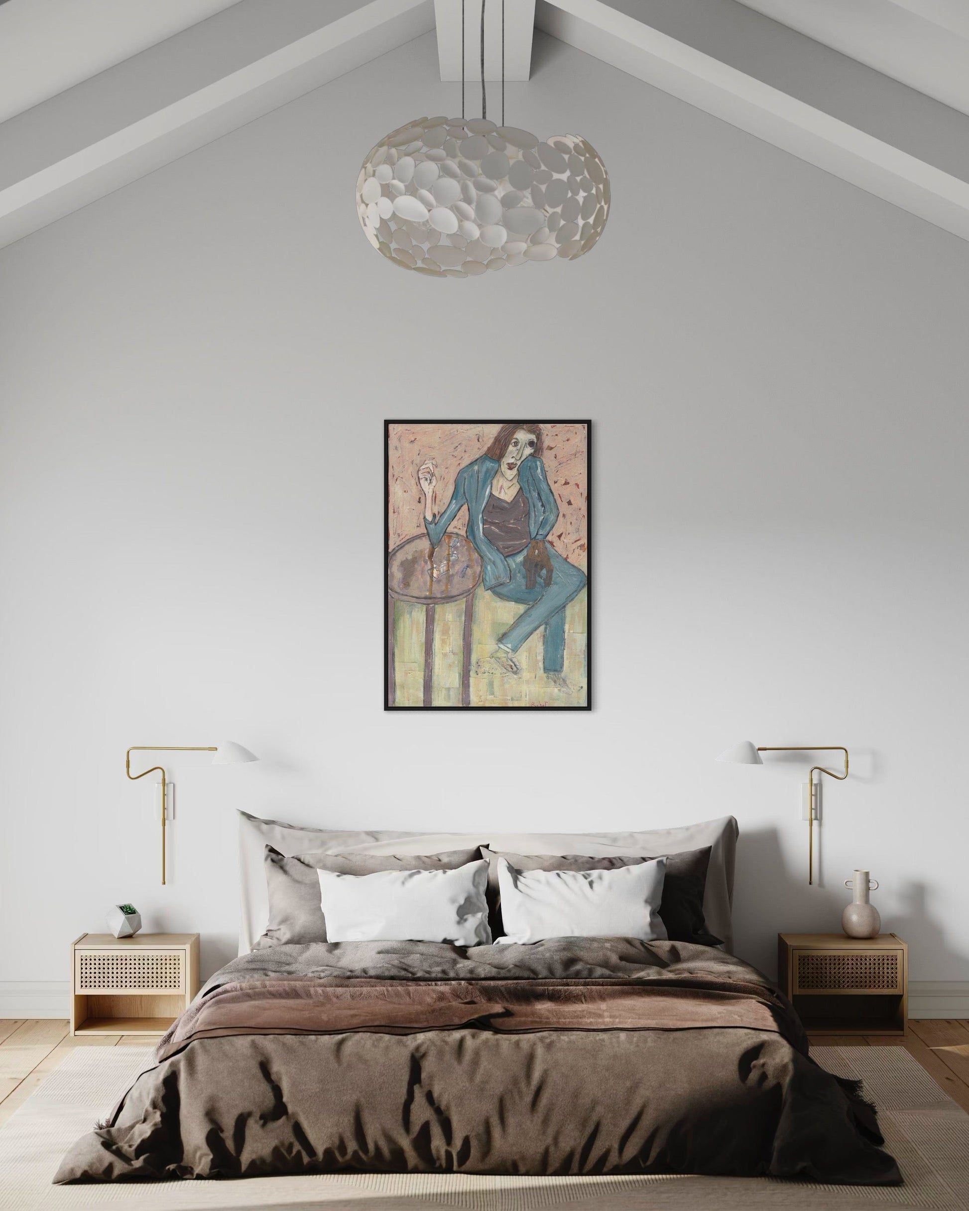Modern bedroom with a bed, nightstands, and wall art.