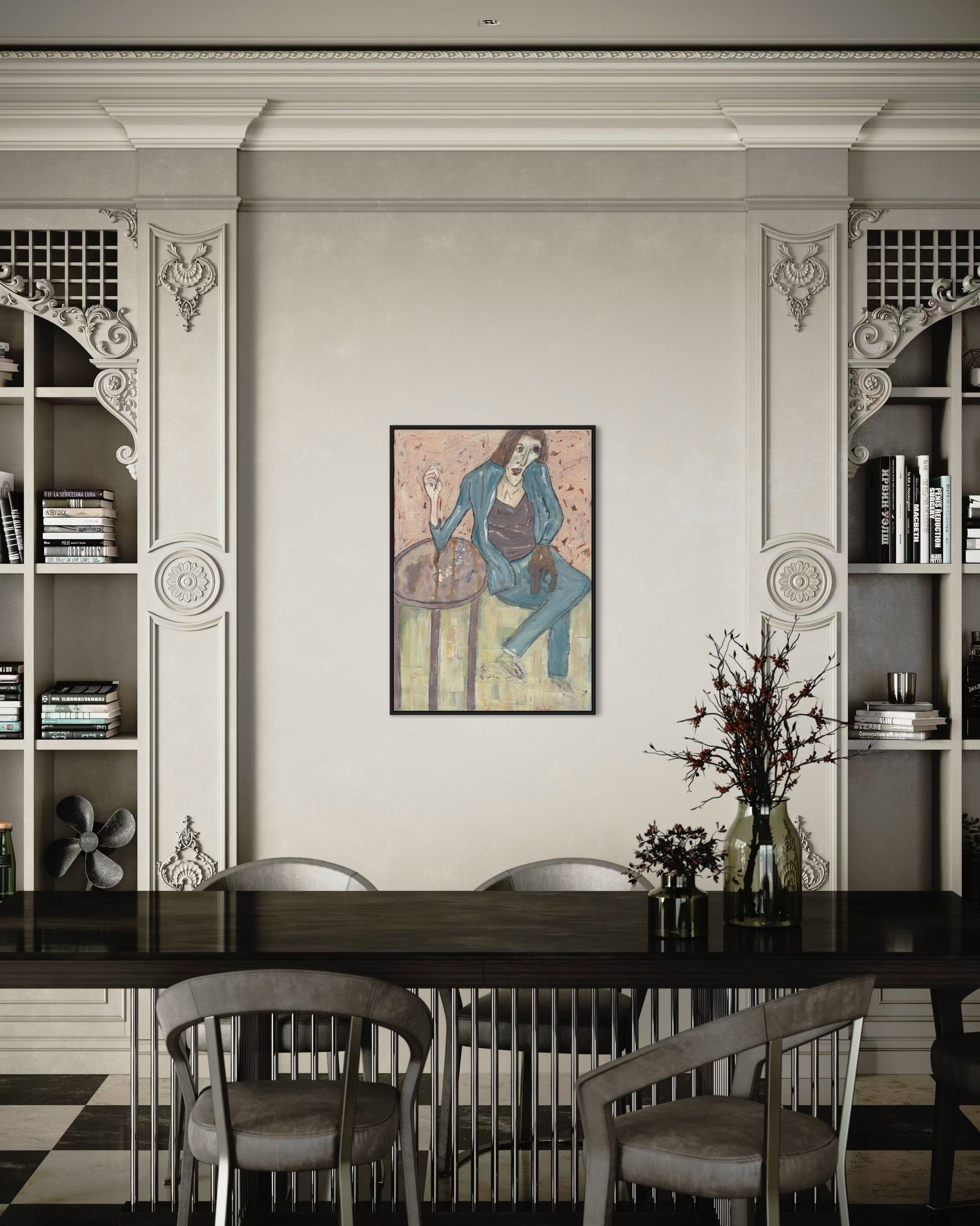 Dining room with a large table and chairs, featuring a wall art piece of a woman at a table.