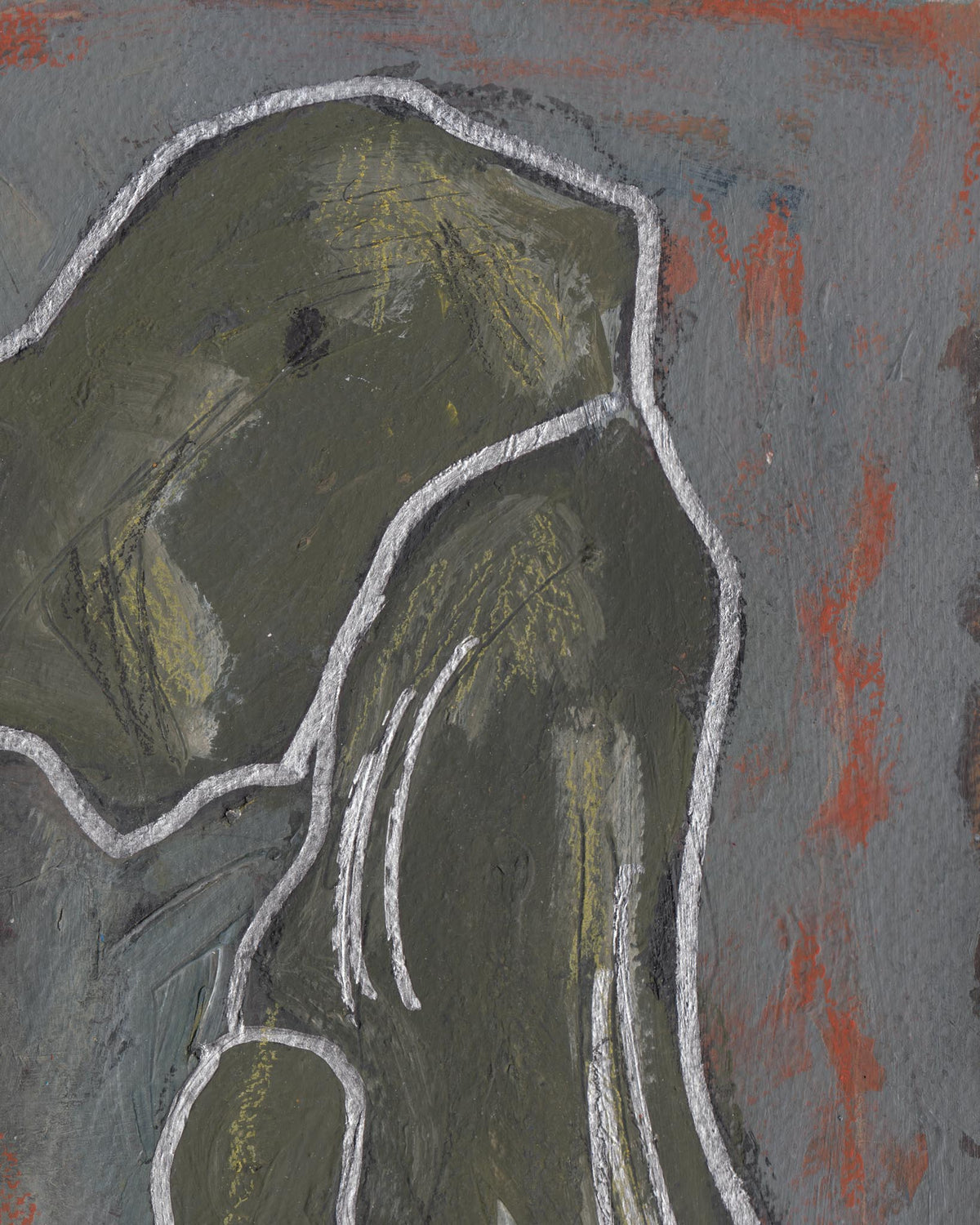Abstract art with green, gray, and red colors on a textured surface