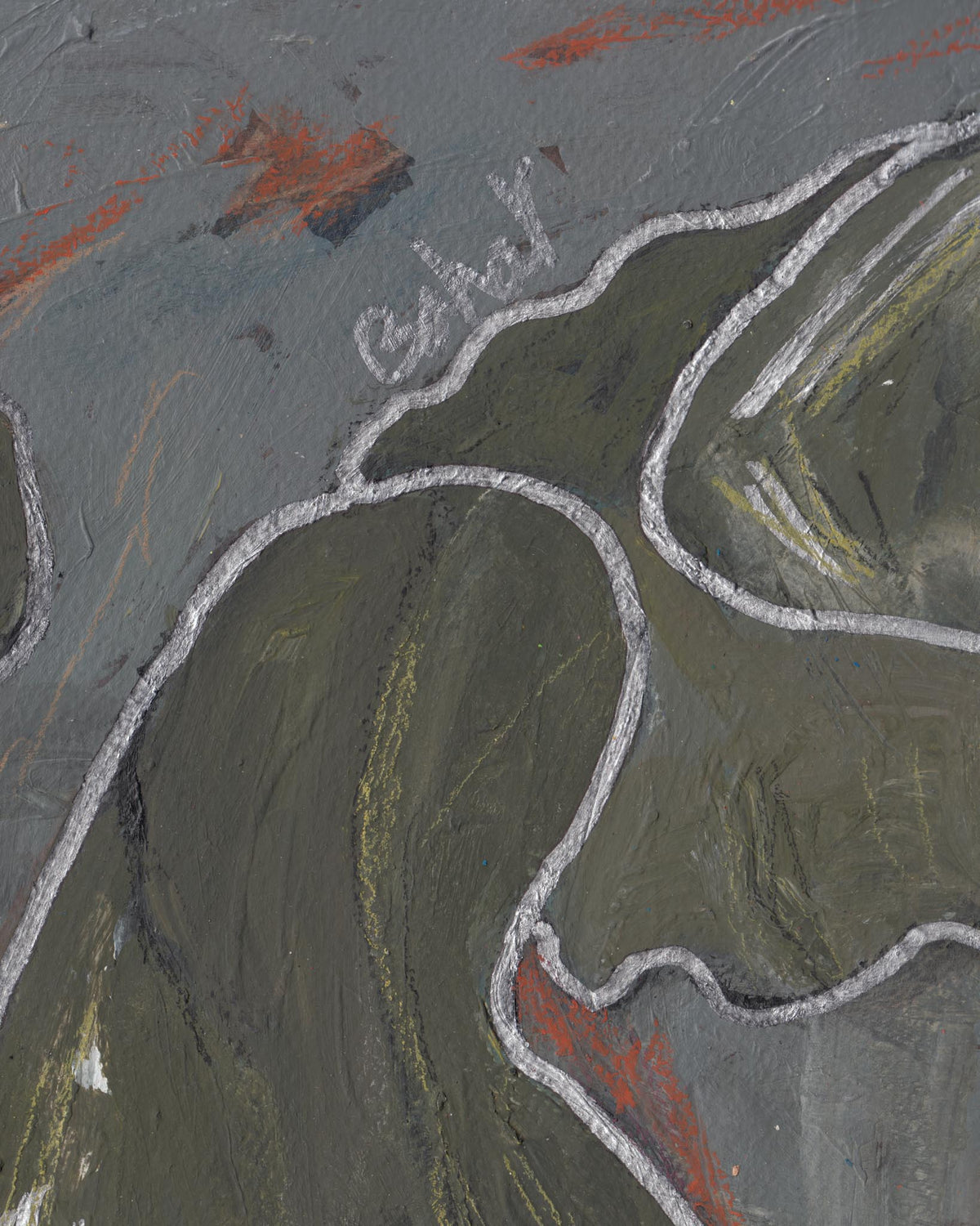 Abstract art with wavy lines and color patches on a textured surface