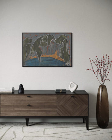 Wooden dresser with decorative items in a room with a painting on the wall.