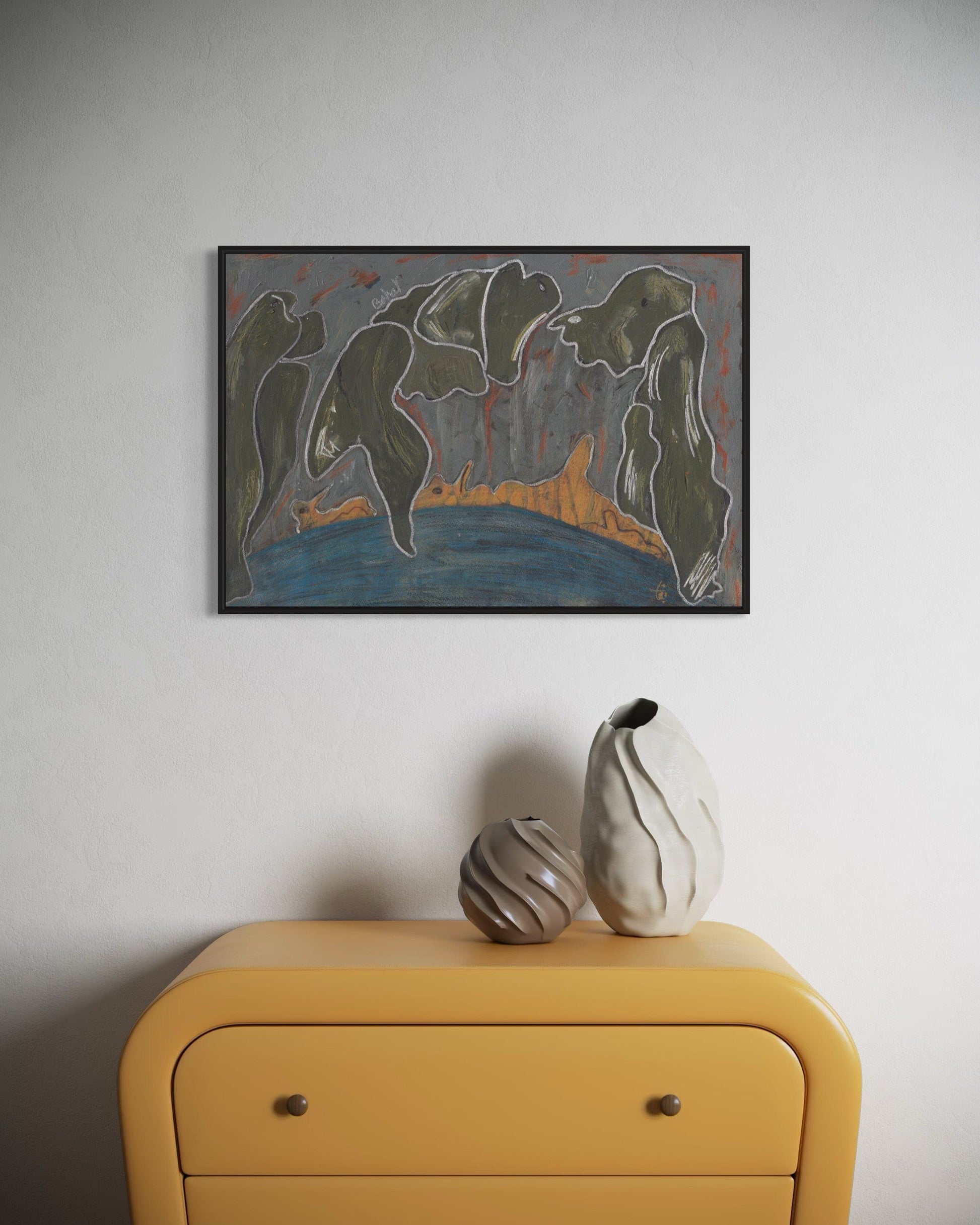 Abstract painting on a wall above a yellow cabinet with two vases.